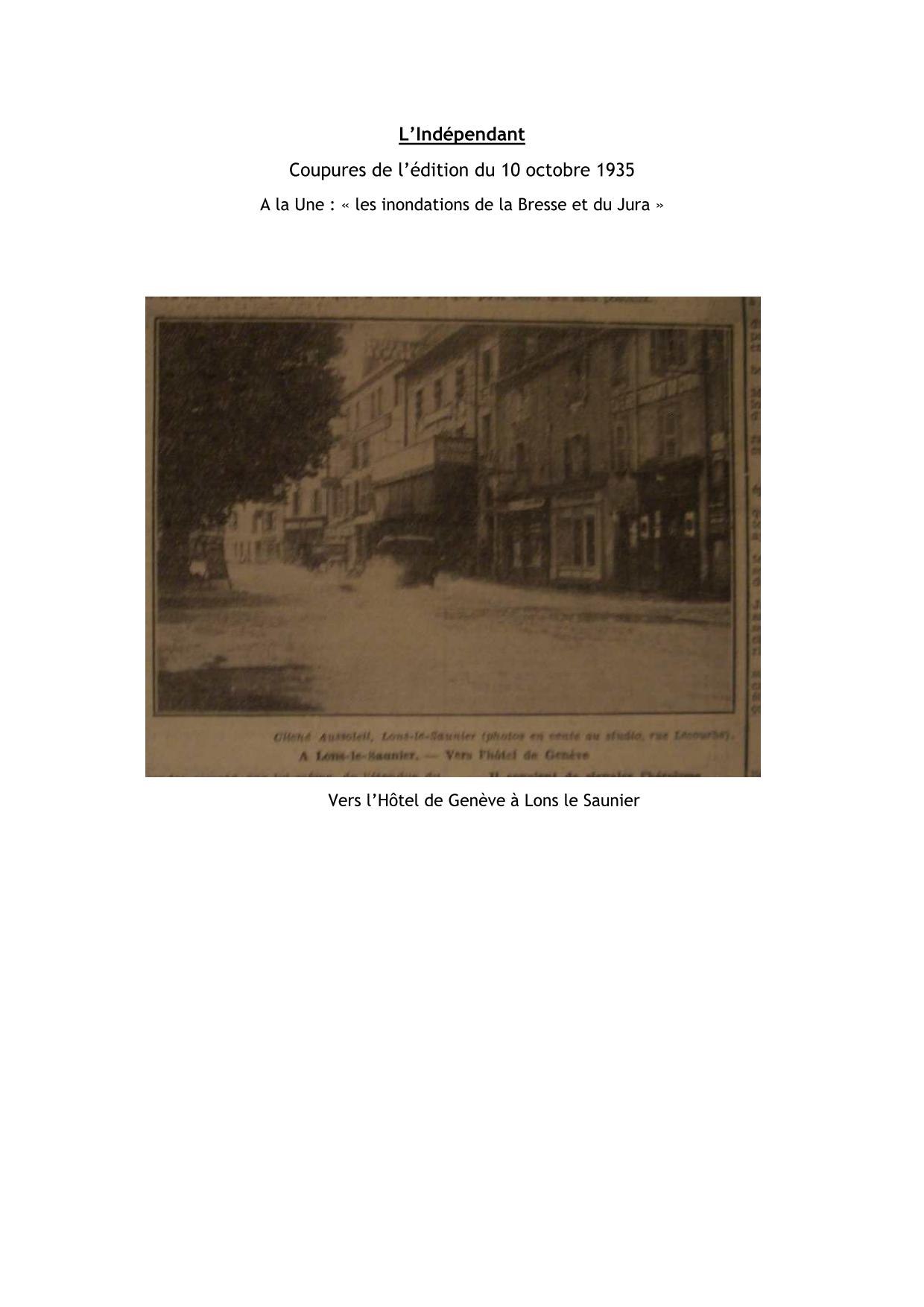 L'indépendant – Coupures de l'édition du 10 octobre 1935 – A la une : « les inondations de la Bresse et du Jura »