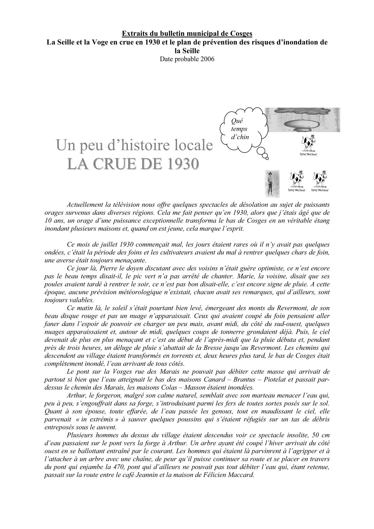 Extrait du bulletin municipal de Cosges, la Seille en crue en 1930 et le PPRi de la Seille