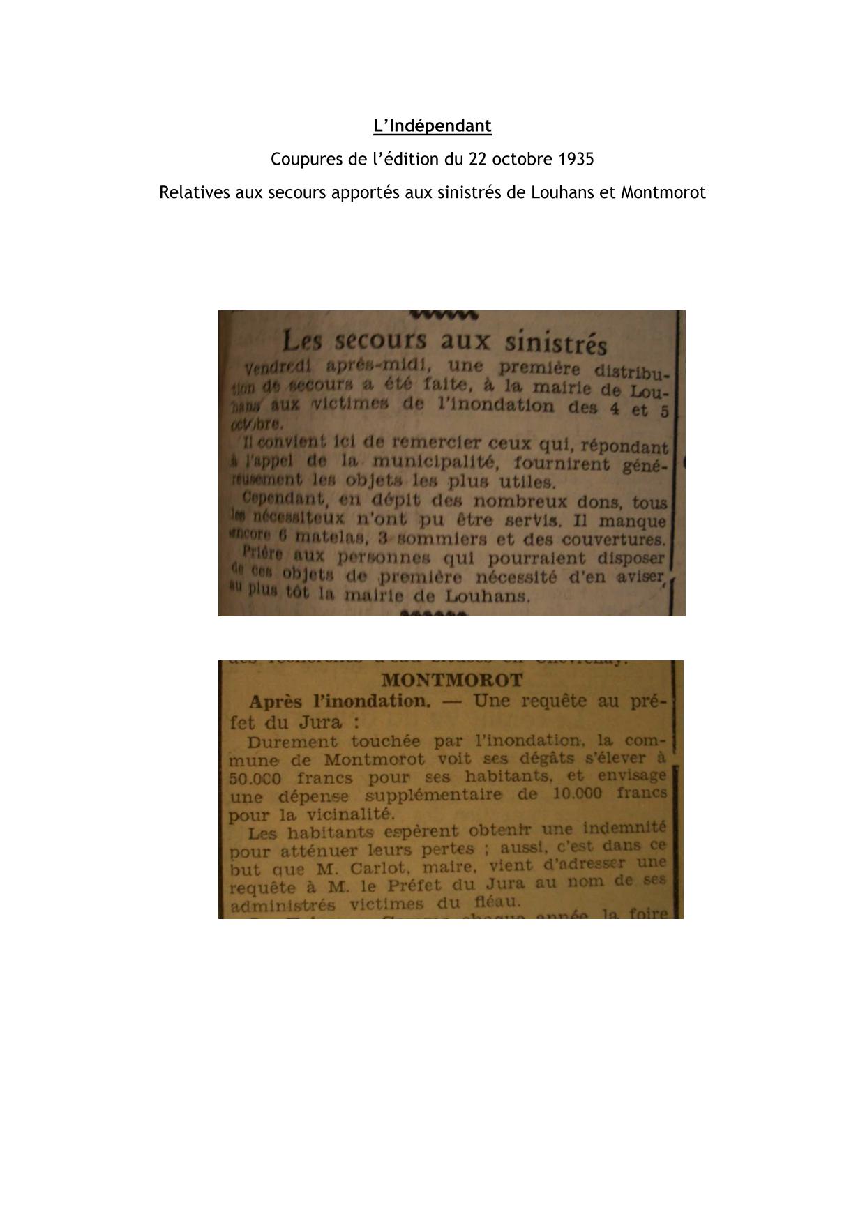 L'indépendant – Coupures de l'édition du 22 octobre 1935 – Relatives aux secours apportés aux sinistrés de Louhans