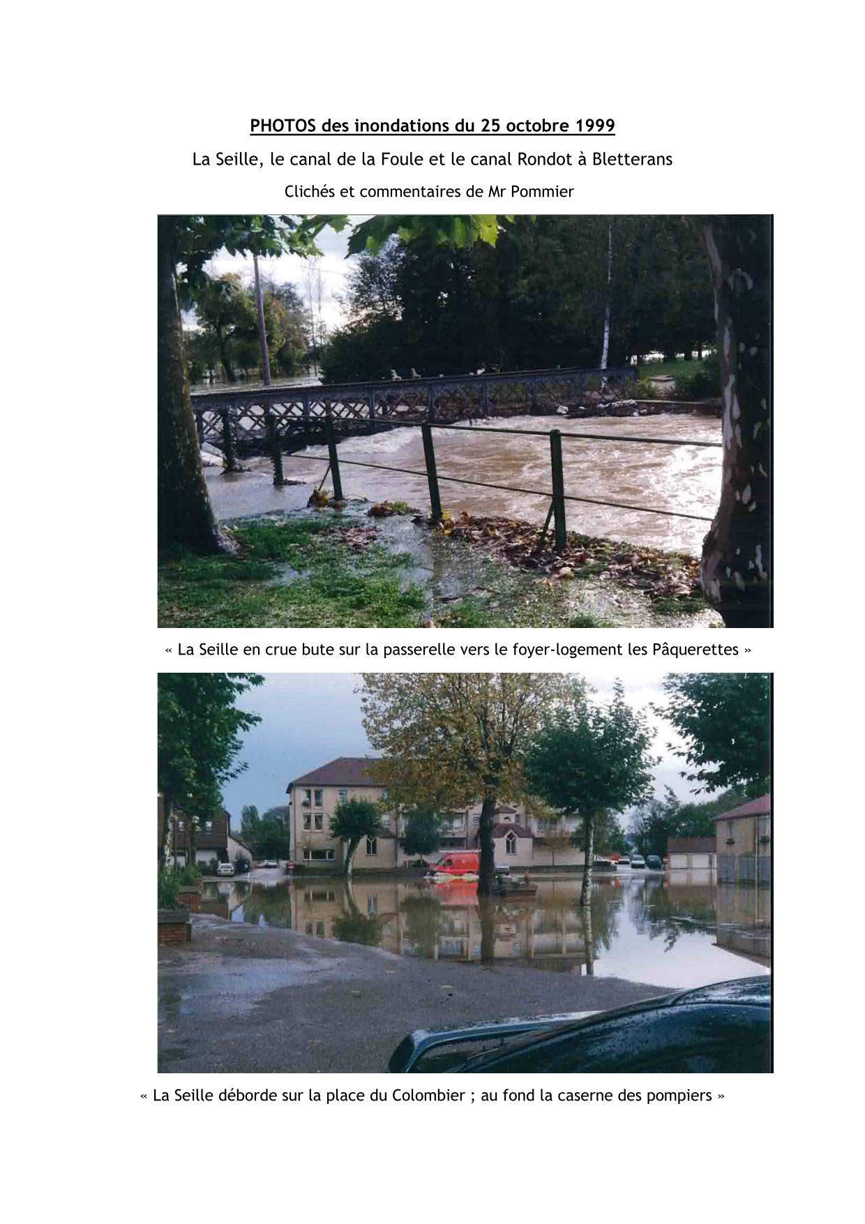 Photos des inondations du 25 octobre 1999, la Seille à Bletterans, clichés et commentaires de Mr Pommier