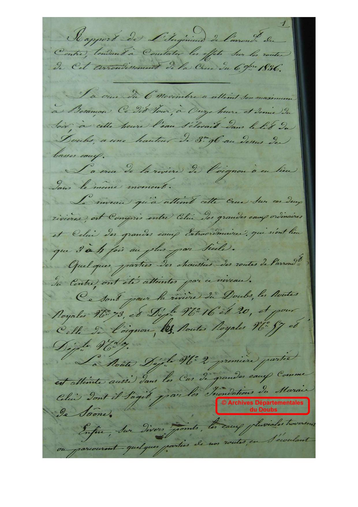 Rapport de l’ingénieur de l’arrondissement du centre sur les effets de la crue du 6 novembre 1836 sur les routes