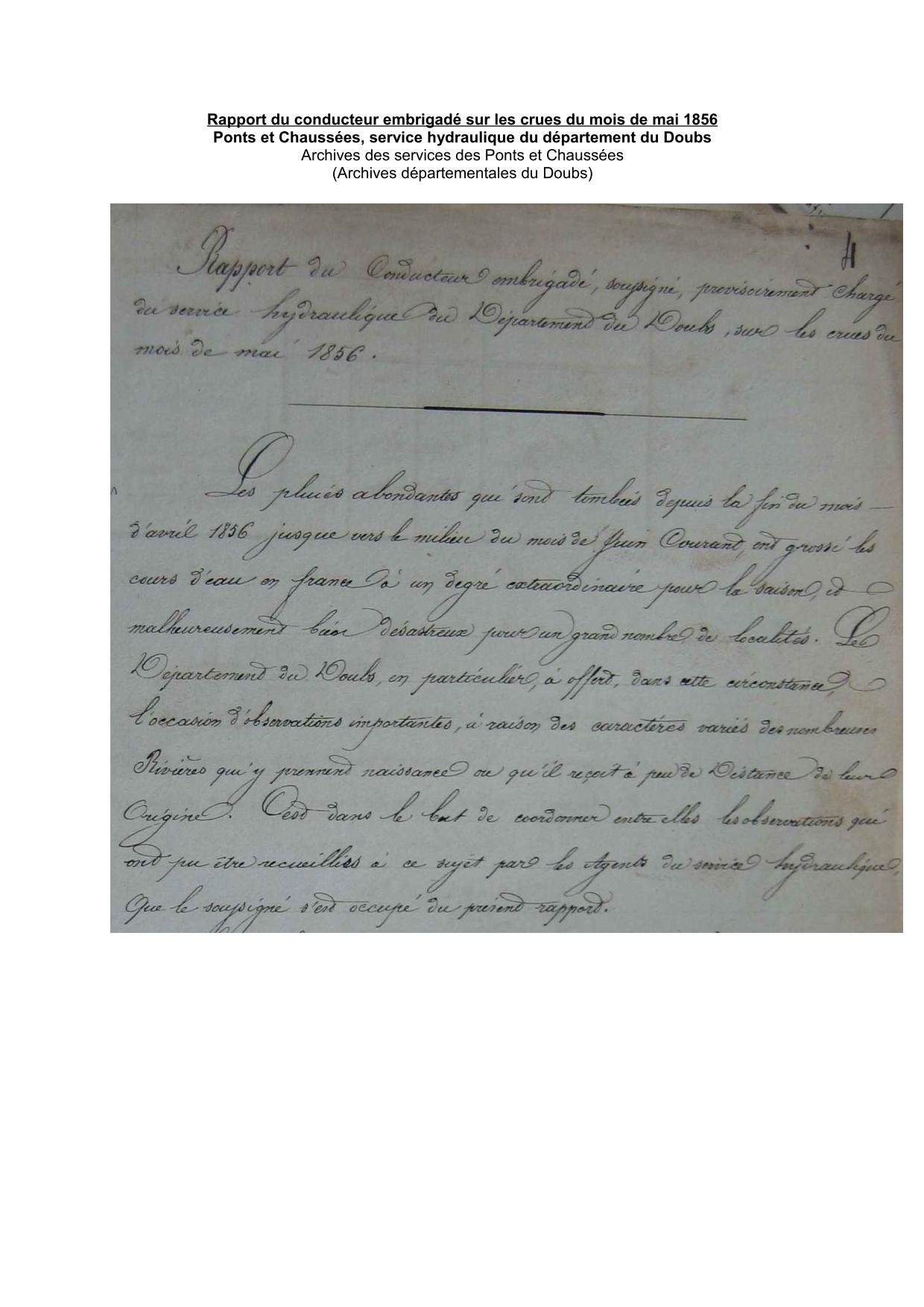 Rapport du conducteur embrigade sur les crues du mois de mai 1856           