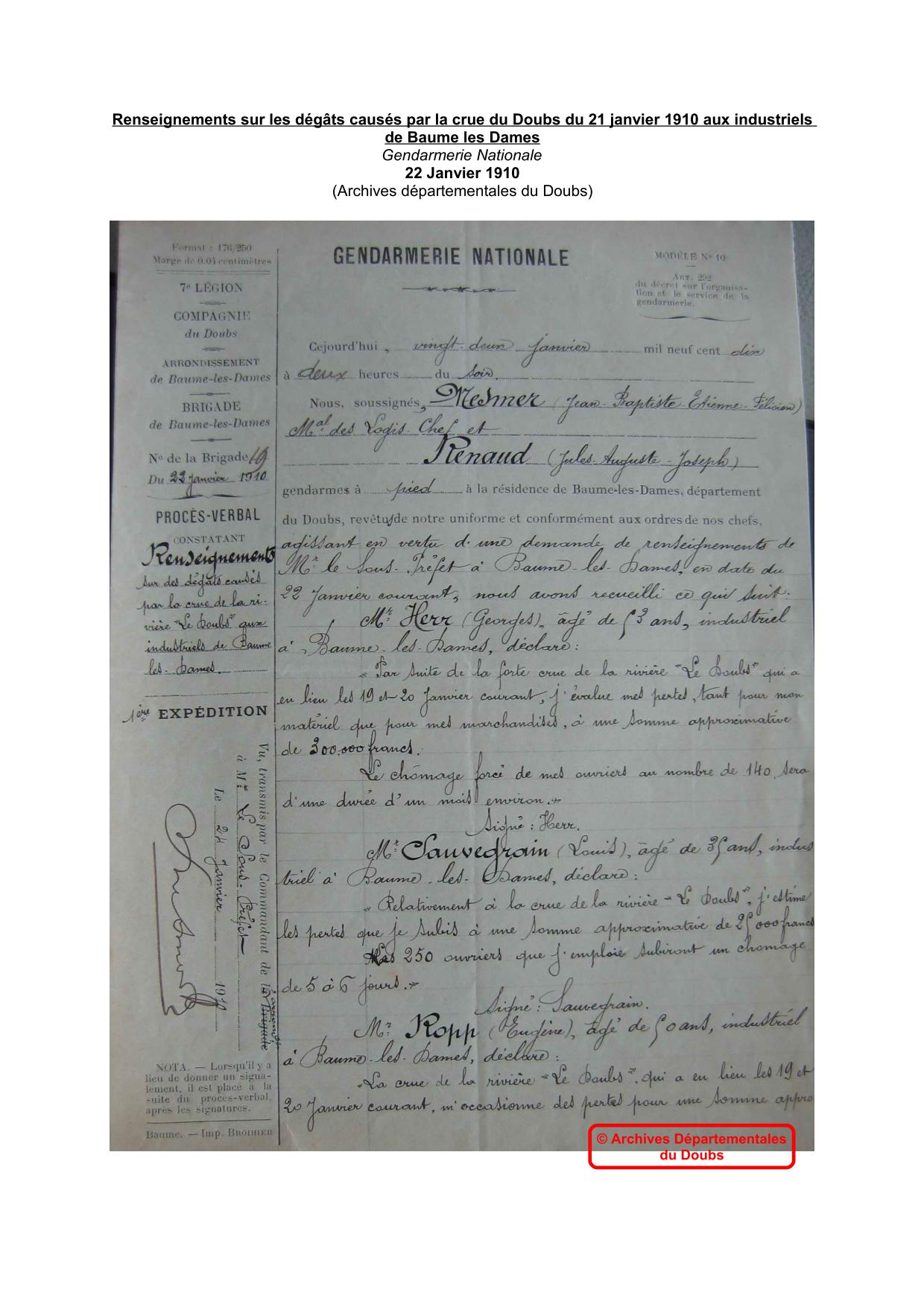 Renseignements sur les dégâts causés par la crue du Doubs du 21 janvier 1910 aux industriels de Baume les Dames