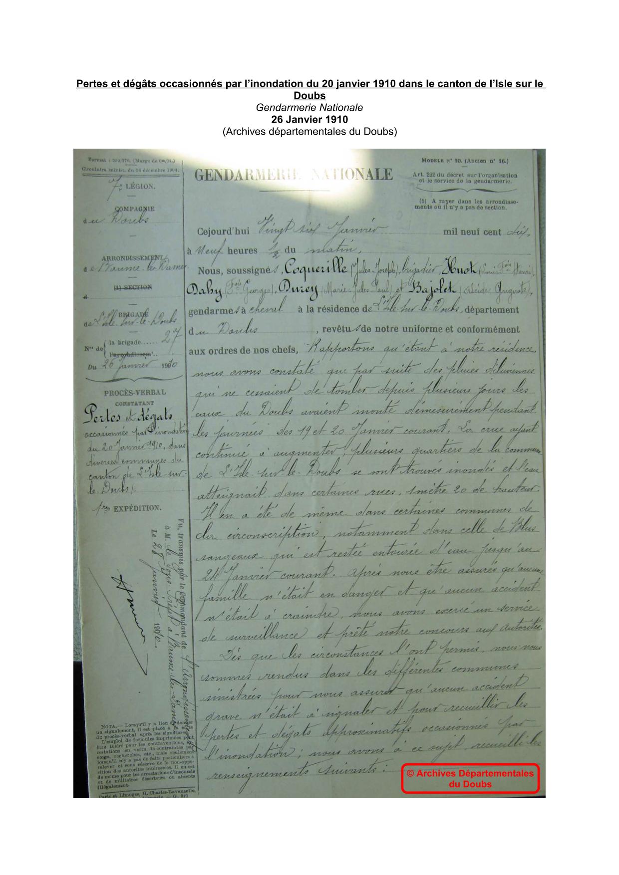 Pertes et dégâts occasionnés par l’inondation du 20 janvier 1910 dans le canton de l’Isle sur Le Doubs