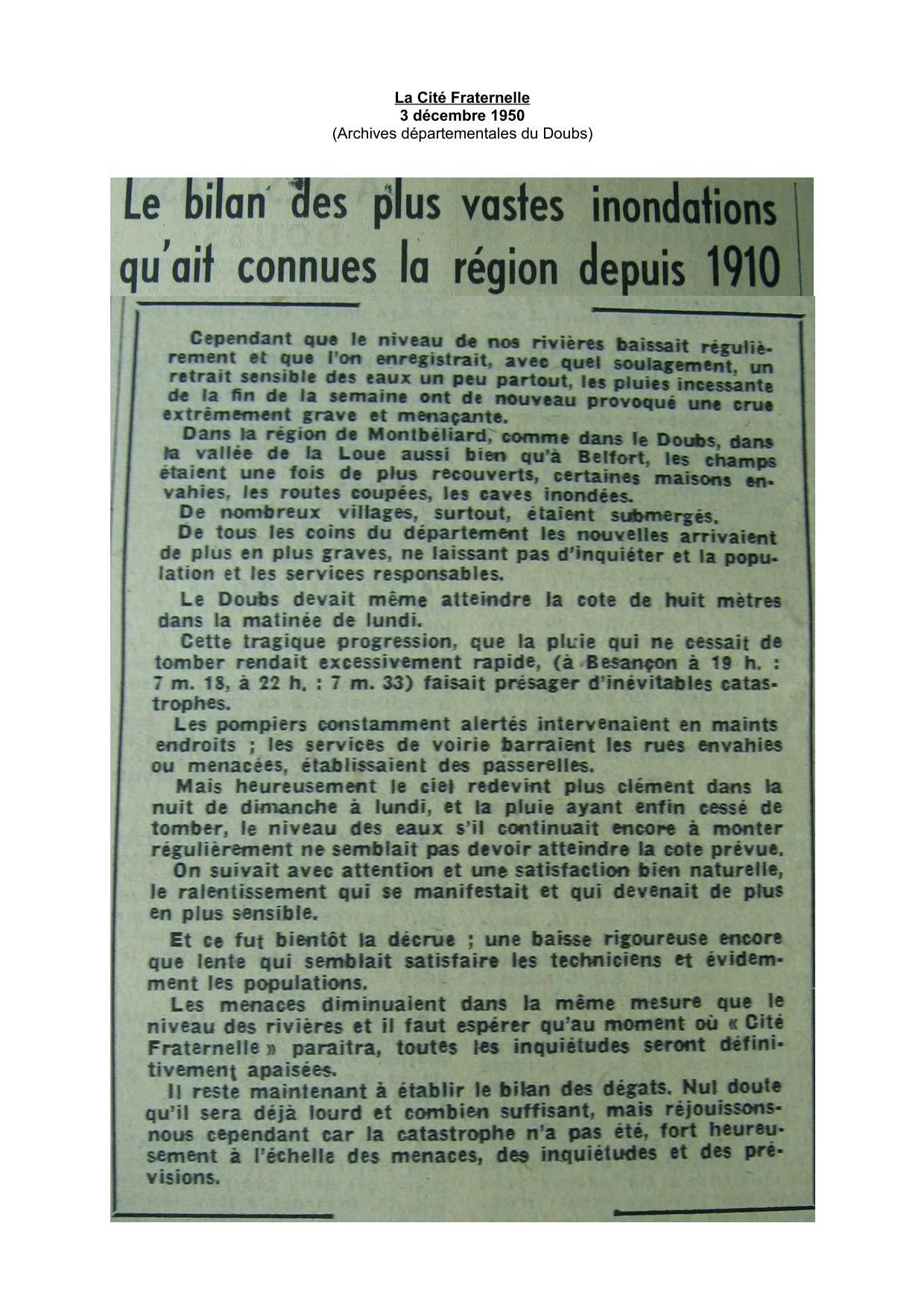 Journal - La Cite Fraternelle - 1950 - Situation du département du Doubs