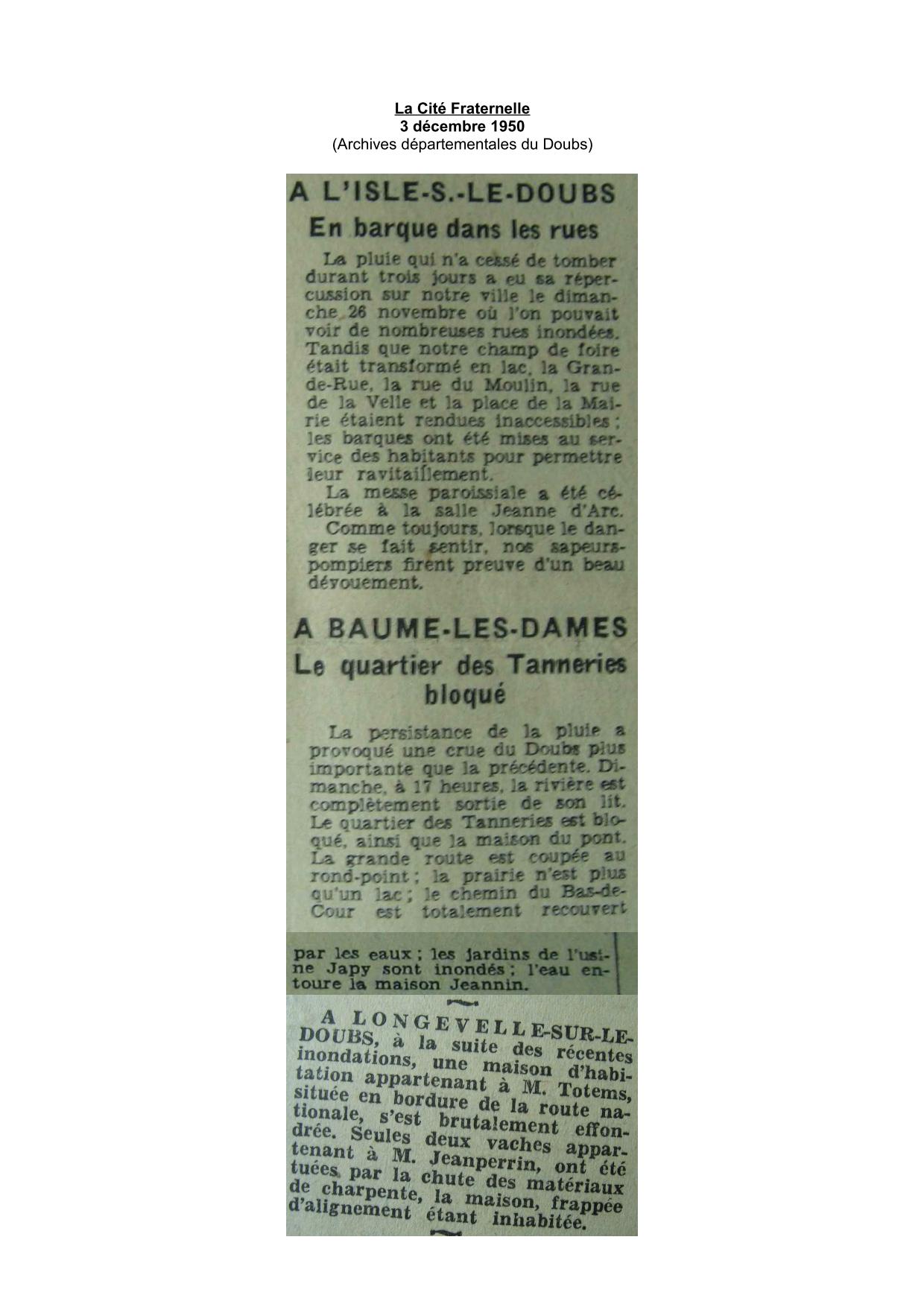 Journal - La Cite Fraternelle - 1950 - Baume les Dames, L'Isle sur Le Doubs, Longevelle sur Le Doubs