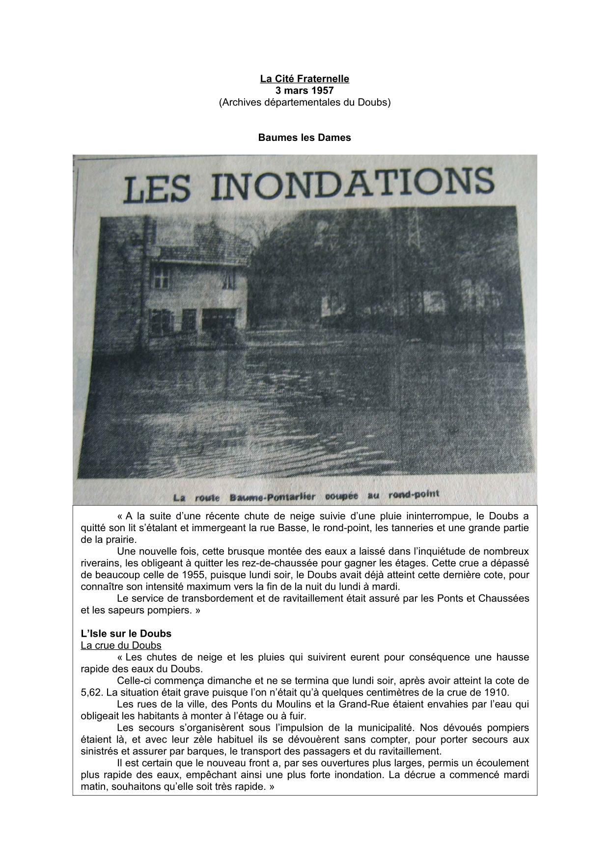 Journal - La Cite Fraternelle - 1957 - Baumes les Dames, L'Isle sur Le Doubs