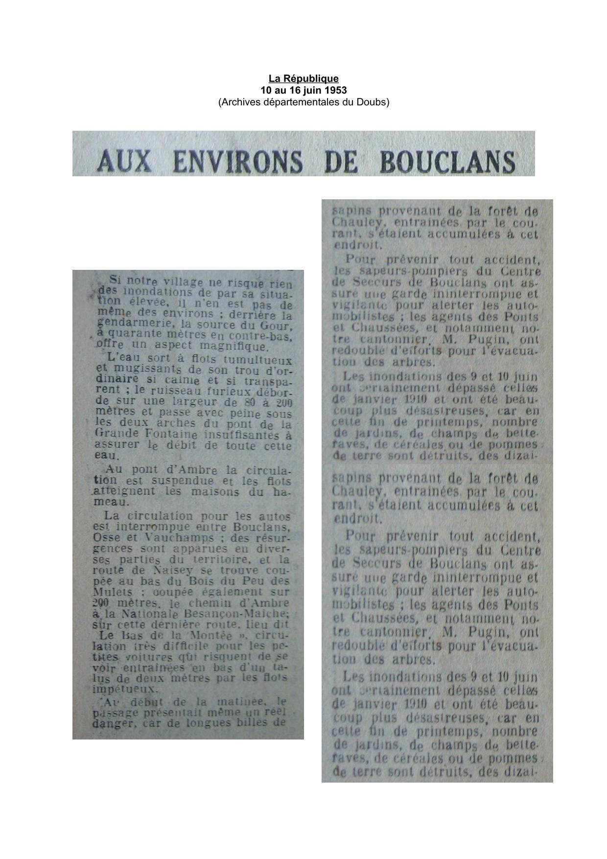 Journal - La République - 1953 - Bouclans et alentours : Champlive