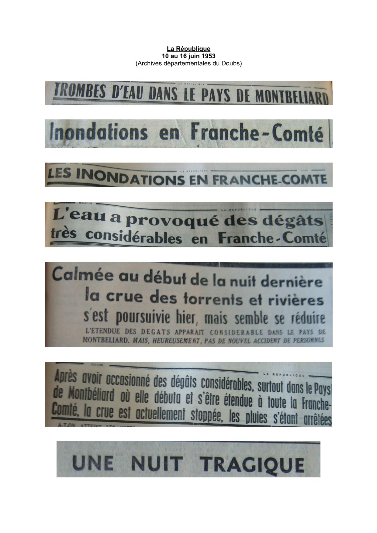 Journal - La République - 1953 - Les unes et gros titres des journaux