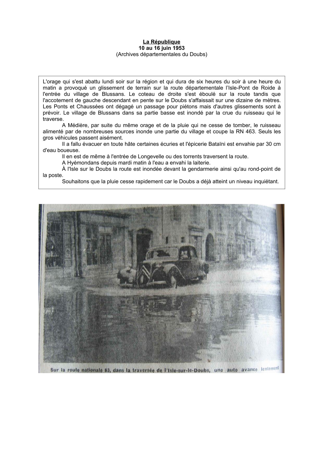 Journal - La République - 1953 - L'Isle sur Le Doubs et alentours