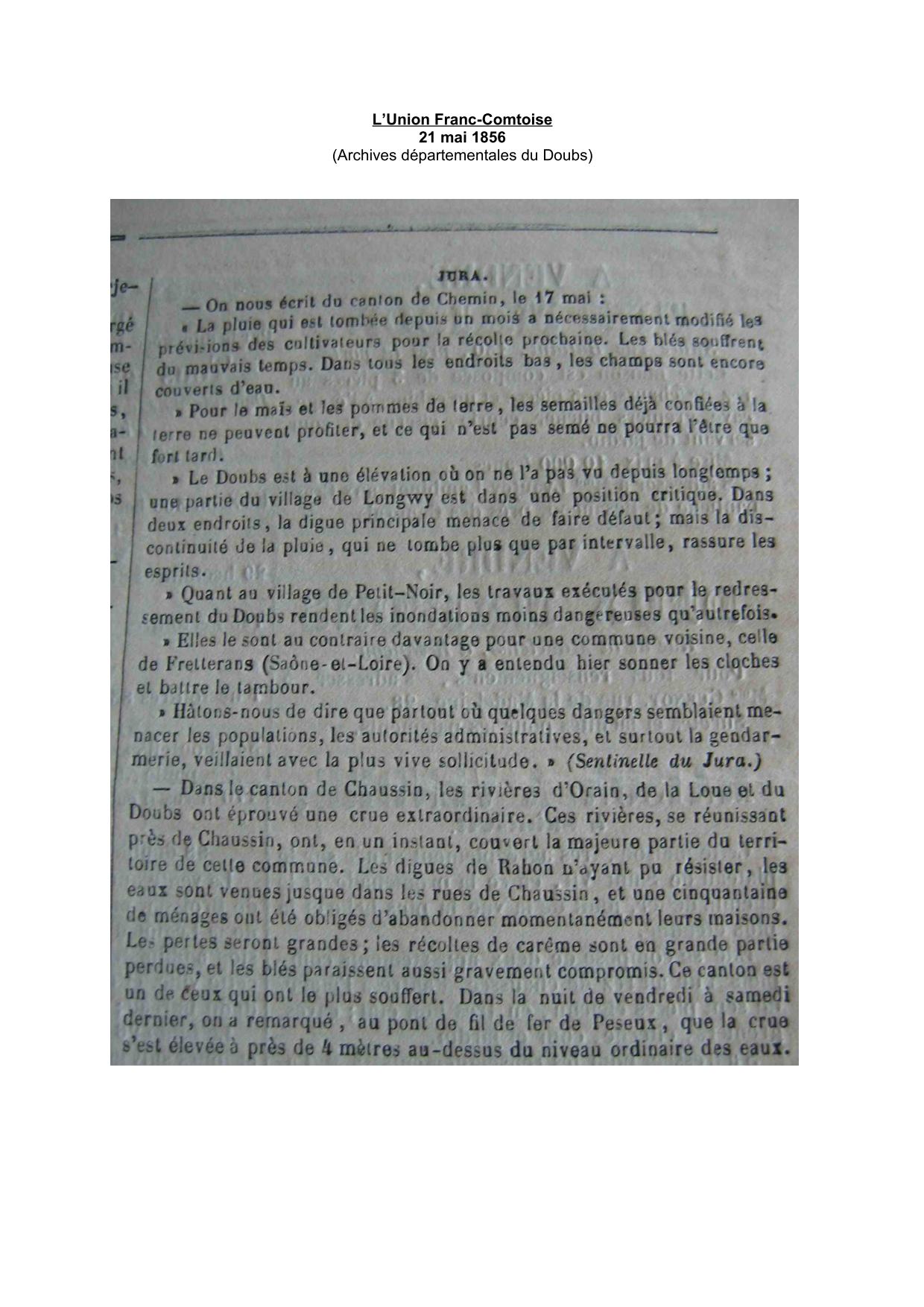 Journal - L'Union Franc-Comtoise - 1856 - Region de Chaussin, Petit-Noir, Chemin...