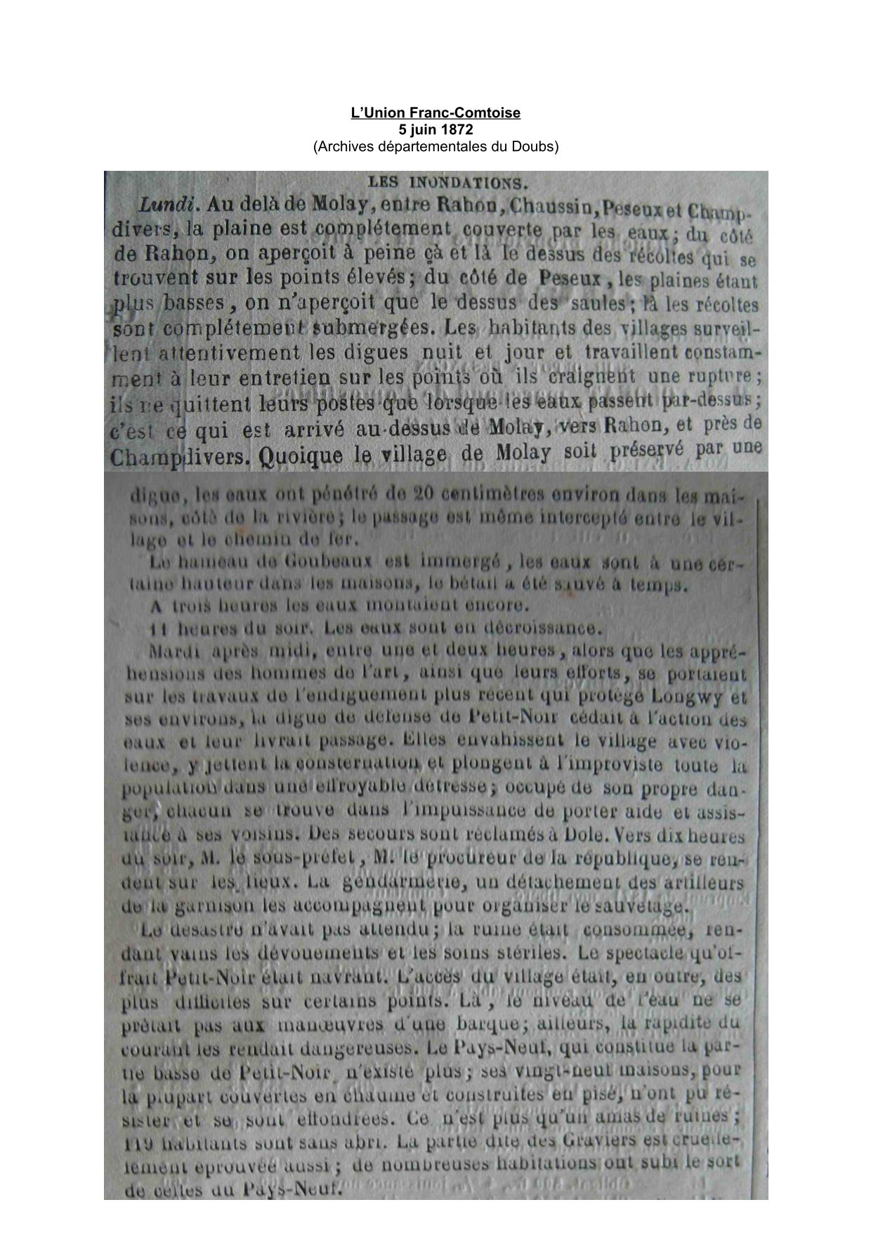 Journal - L'Union Franc-Comtoise - 1872 – Région de Chaussin, Petit-Noir, Molay...  