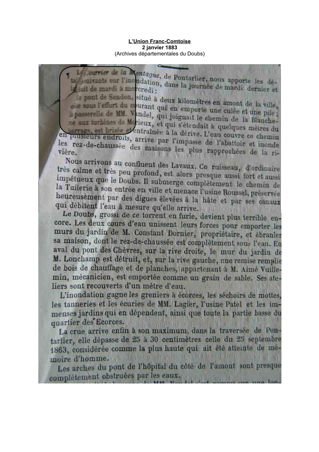 Journal - L'Union Franc-Comtoise - 1882 – Région de Pontarlier – d'après le Courrier de la Montagne  