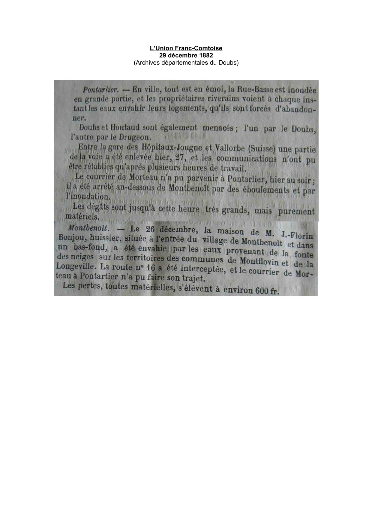 Journal - L'Union Franc-Comtoise - 1882 – Région de Pontarlier  