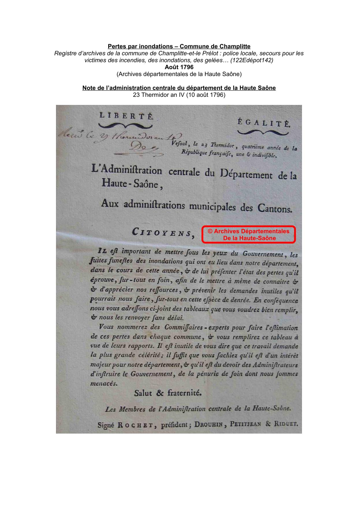 Pertes par inondations – Commune de Champlitte (note de l'administration centrale et manuscrits des commissaires)