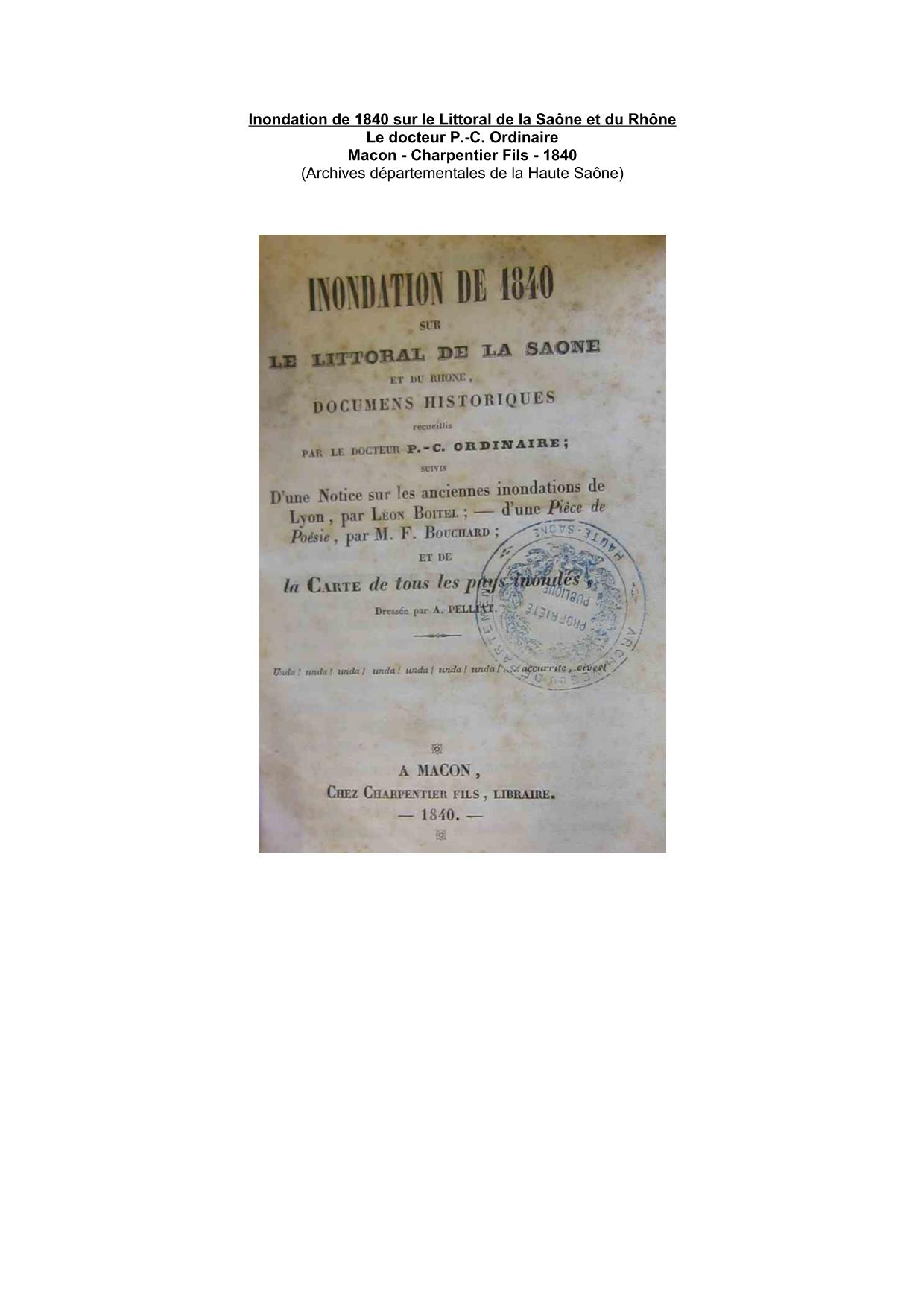 Inondation de 1840 sur le Littoral de la Saône et du Rhône - Chalon et ses environs