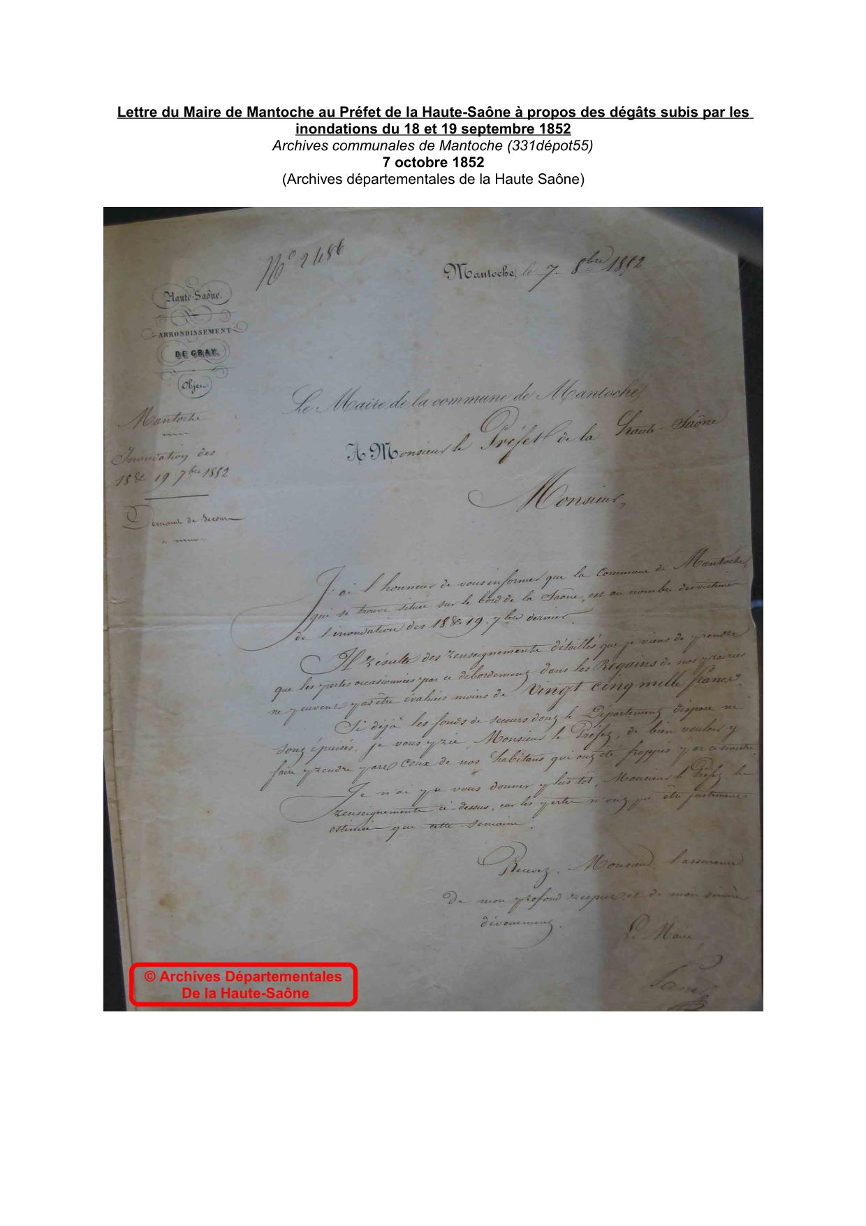 Lettre du Maire de Mantoche au Préfet de la Haute-Saône à propos des dégâts subis par les inondations du 18 et 19 septembre 1852