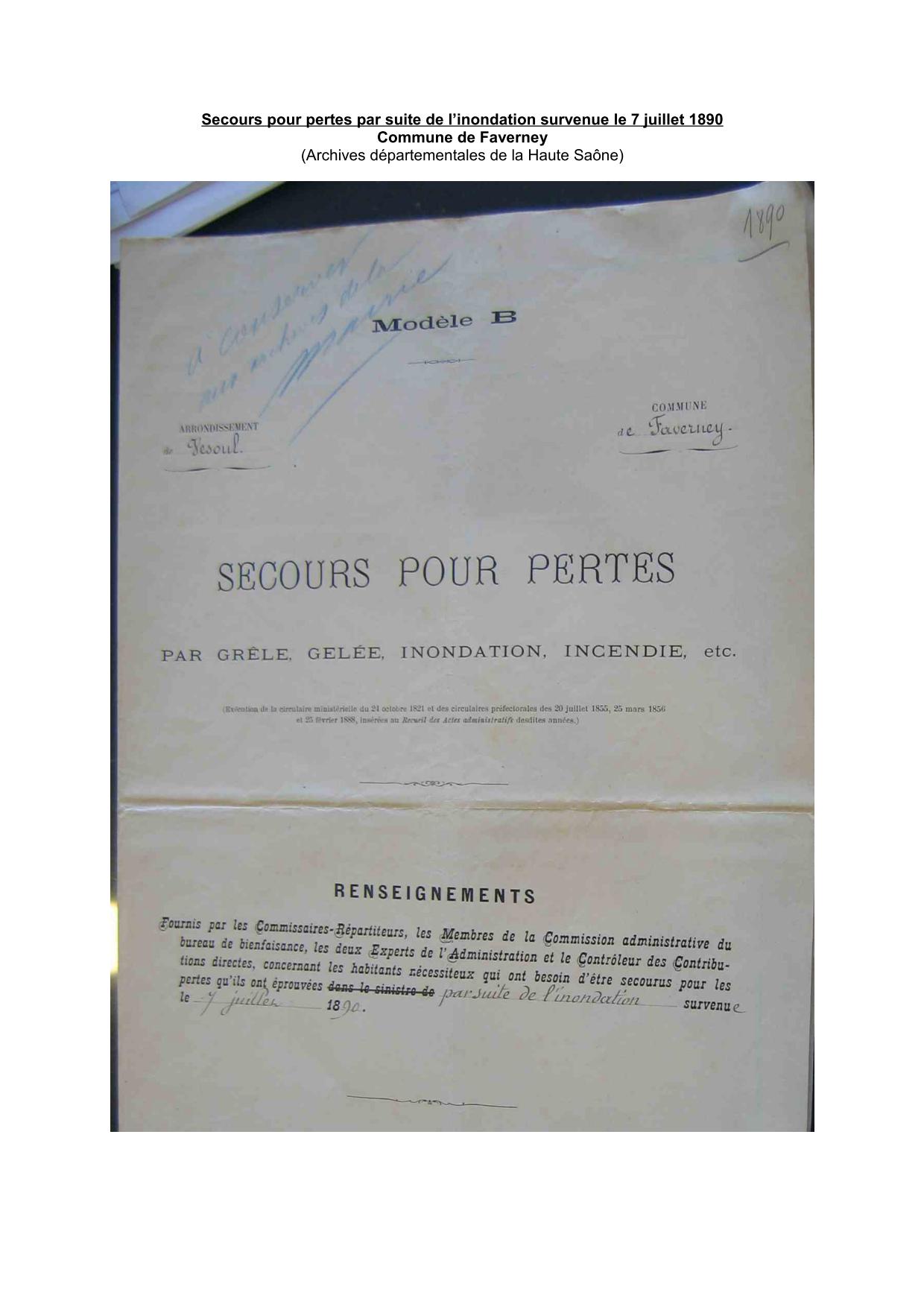 Secours pour pertes par suite de l’inondation survenue le 7 juillet 1890 - Commune de Faverney