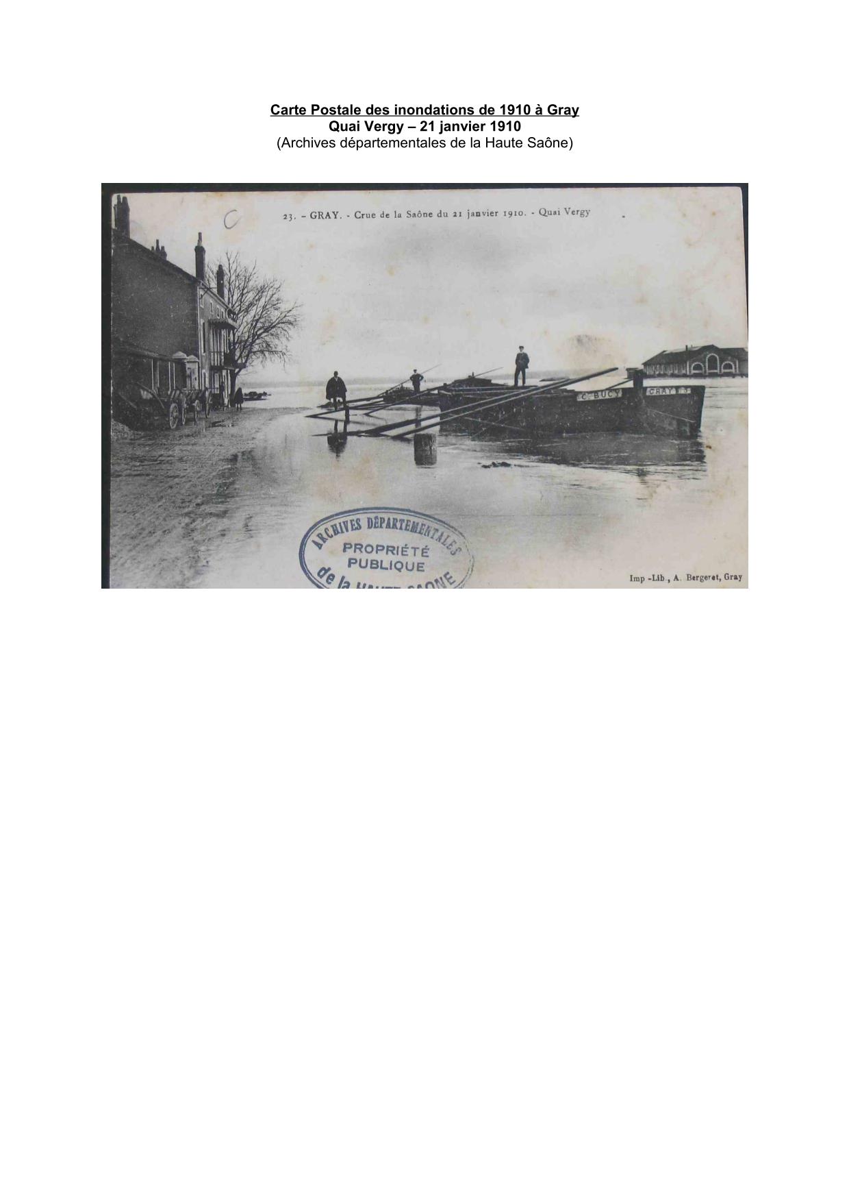 Carte Postale des inondations de 1910 à Gray - Quai Vergy