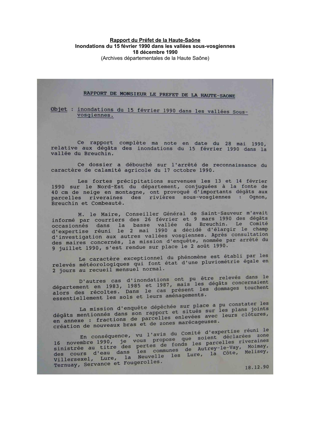 Rapport du Préfet de la Haute-Saône - Inondations du 15 février 1990 dans les vallées sous-vosgiennes