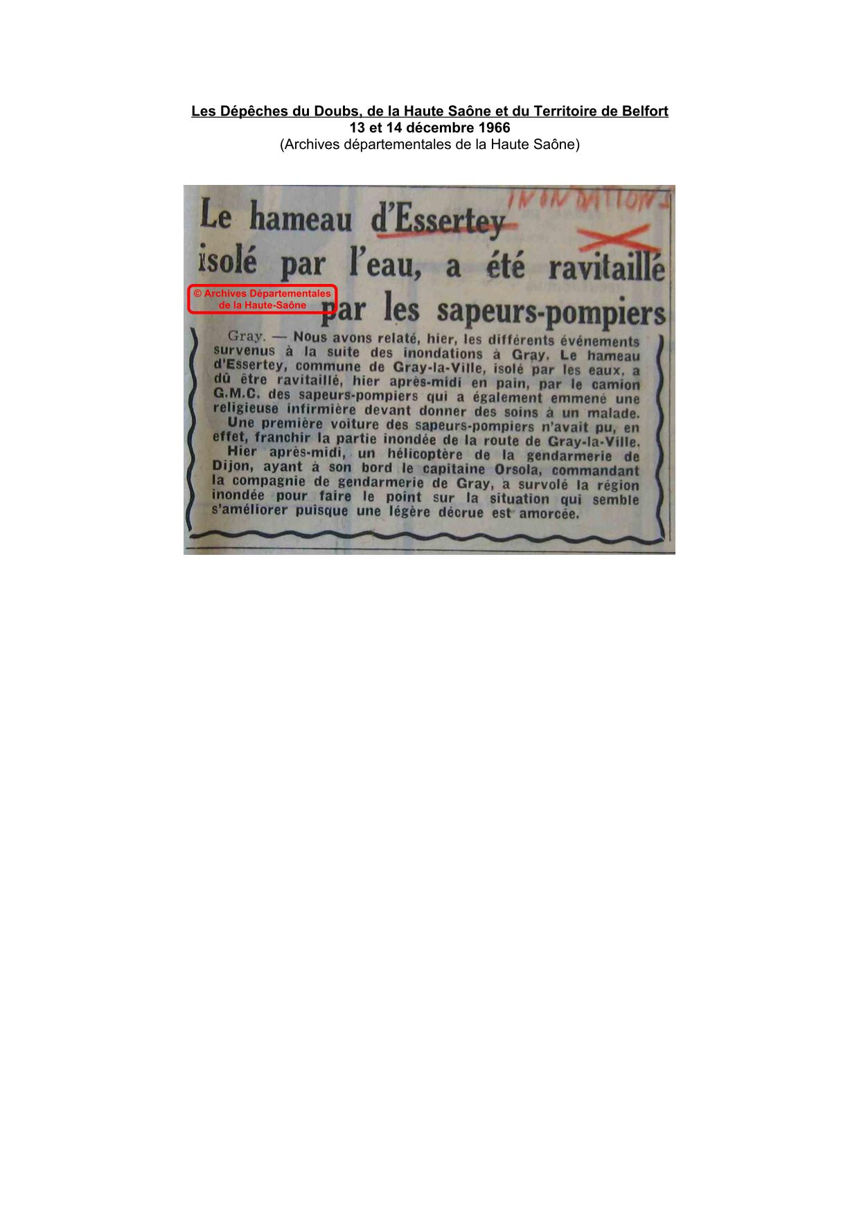 Journal - Les Dépêches du Doubs, de la Haute Saône et du Territoire de Belfort - 1966 – Essertey