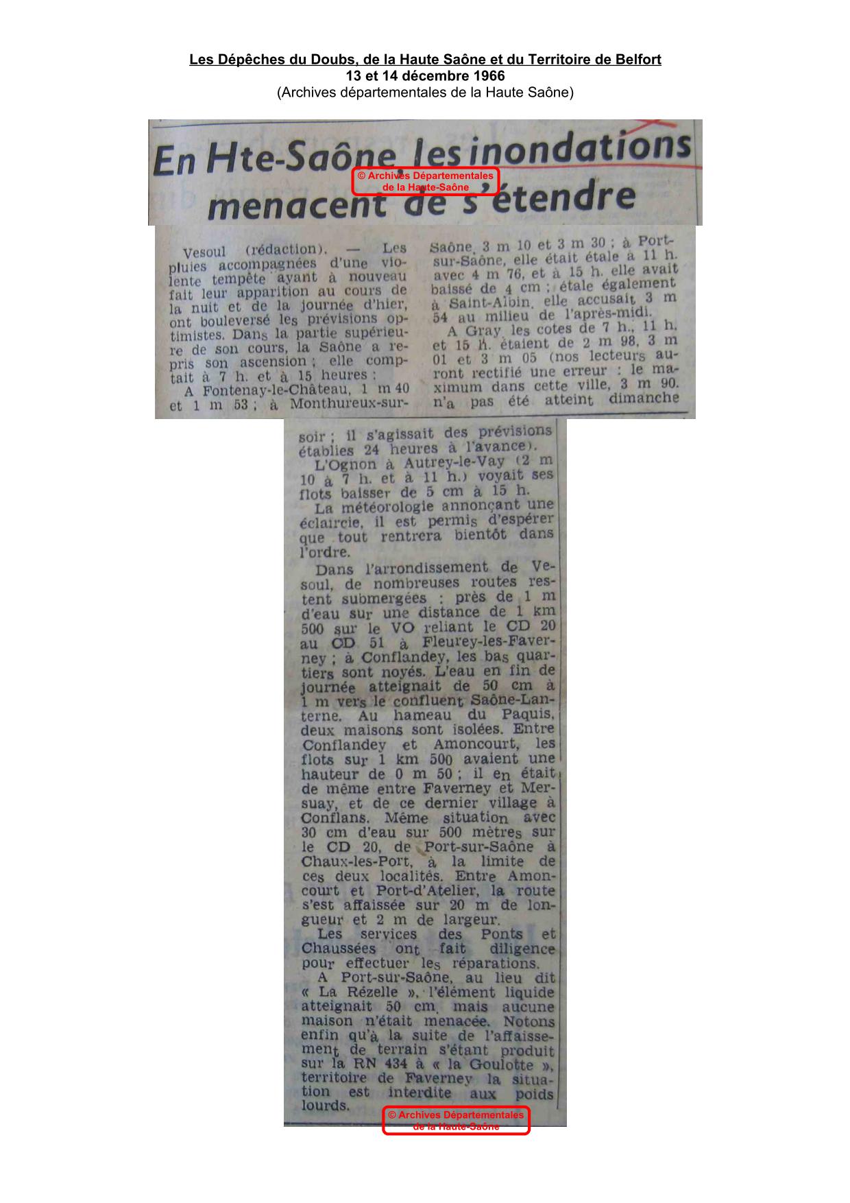 Journal - Les Dépêches du Doubs, de la Haute Saône et du Territoire de Belfort - 1966 - Haute Saône