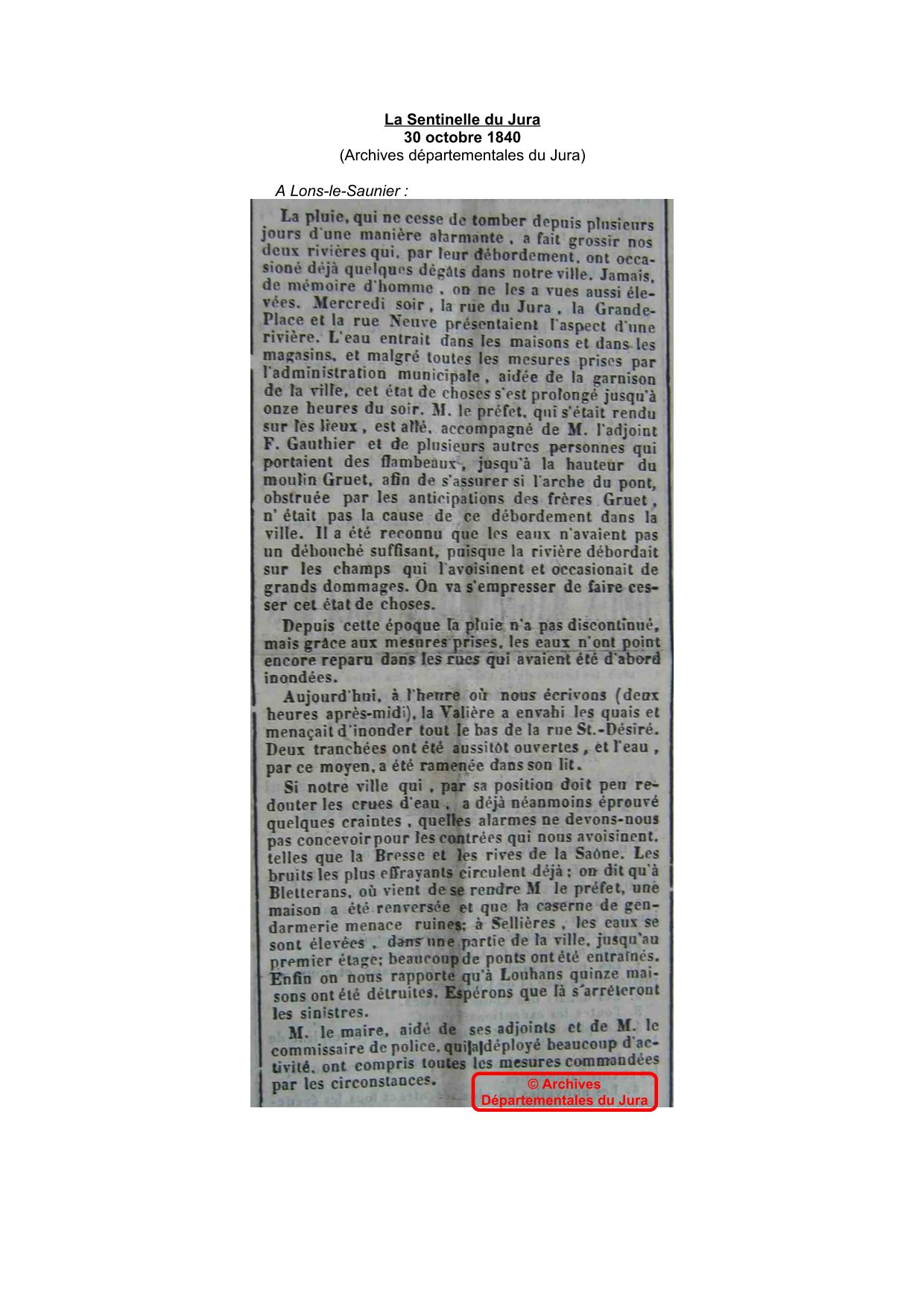 Journal - La Sentinelle du Jura - 1840 - Région de Lons le Saunier