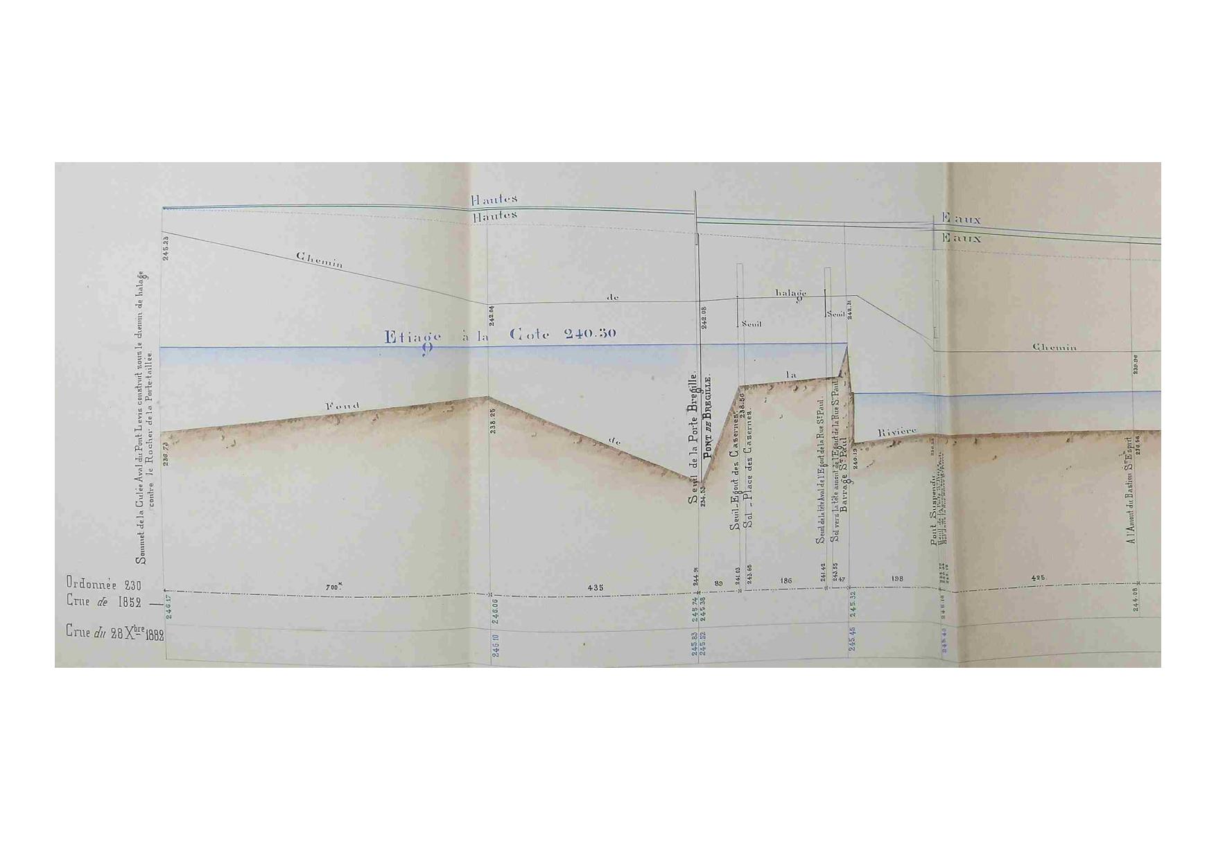 Profil en long des crues du Doubs de 1852, 1882 - Besançon           