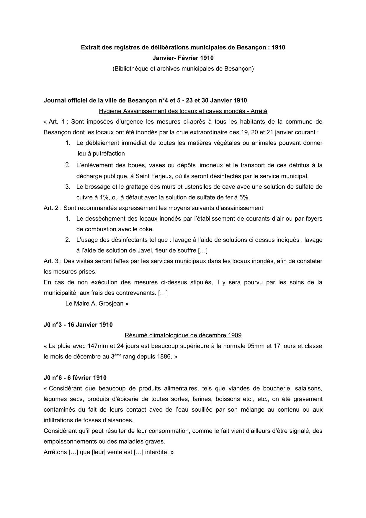 Extrait des registres de délibérations municipales de Besançon : 1910