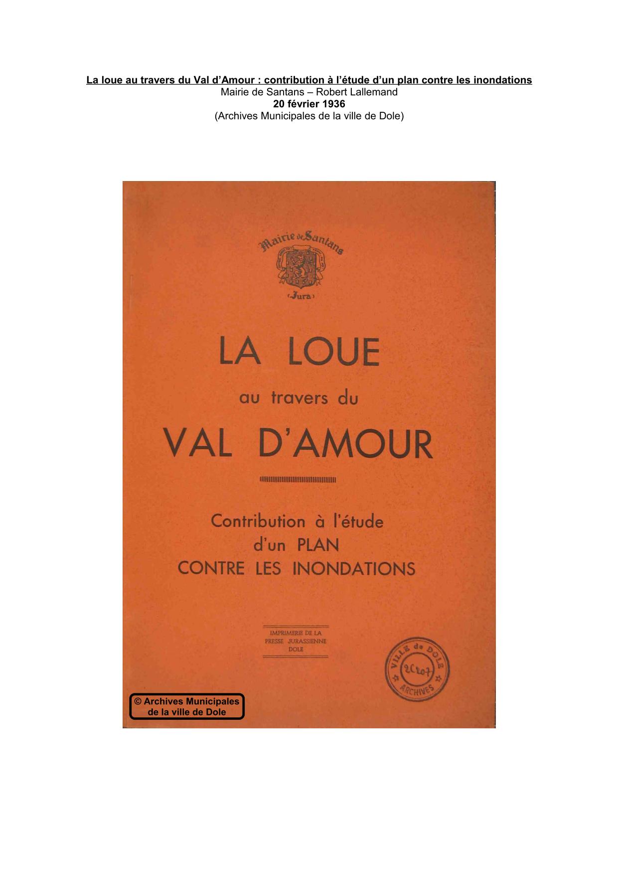 La loue au travers du Val d’Amour : contribution à l’étude d’un plan contre les inondations