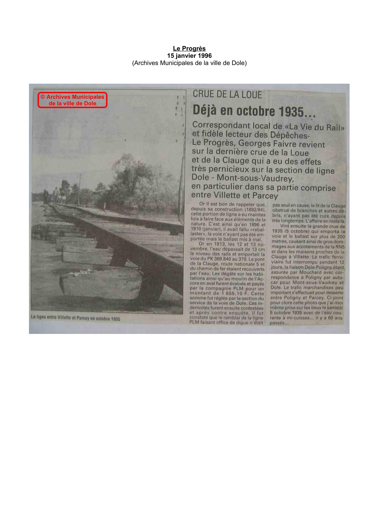 Journal - Le Progrès - 1996 - Historique des inondations sur la ligne ferroviaire de Dole