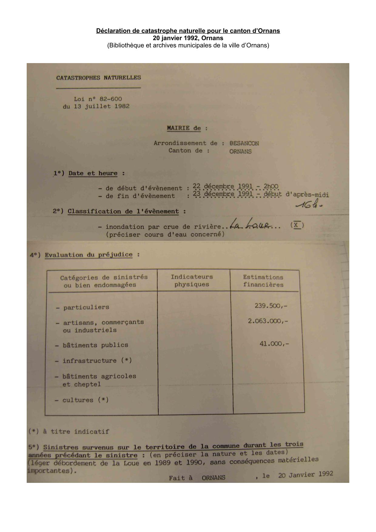 Déclaration de catastrophe naturelle pour le canton d'Ornans, décembre 1991           