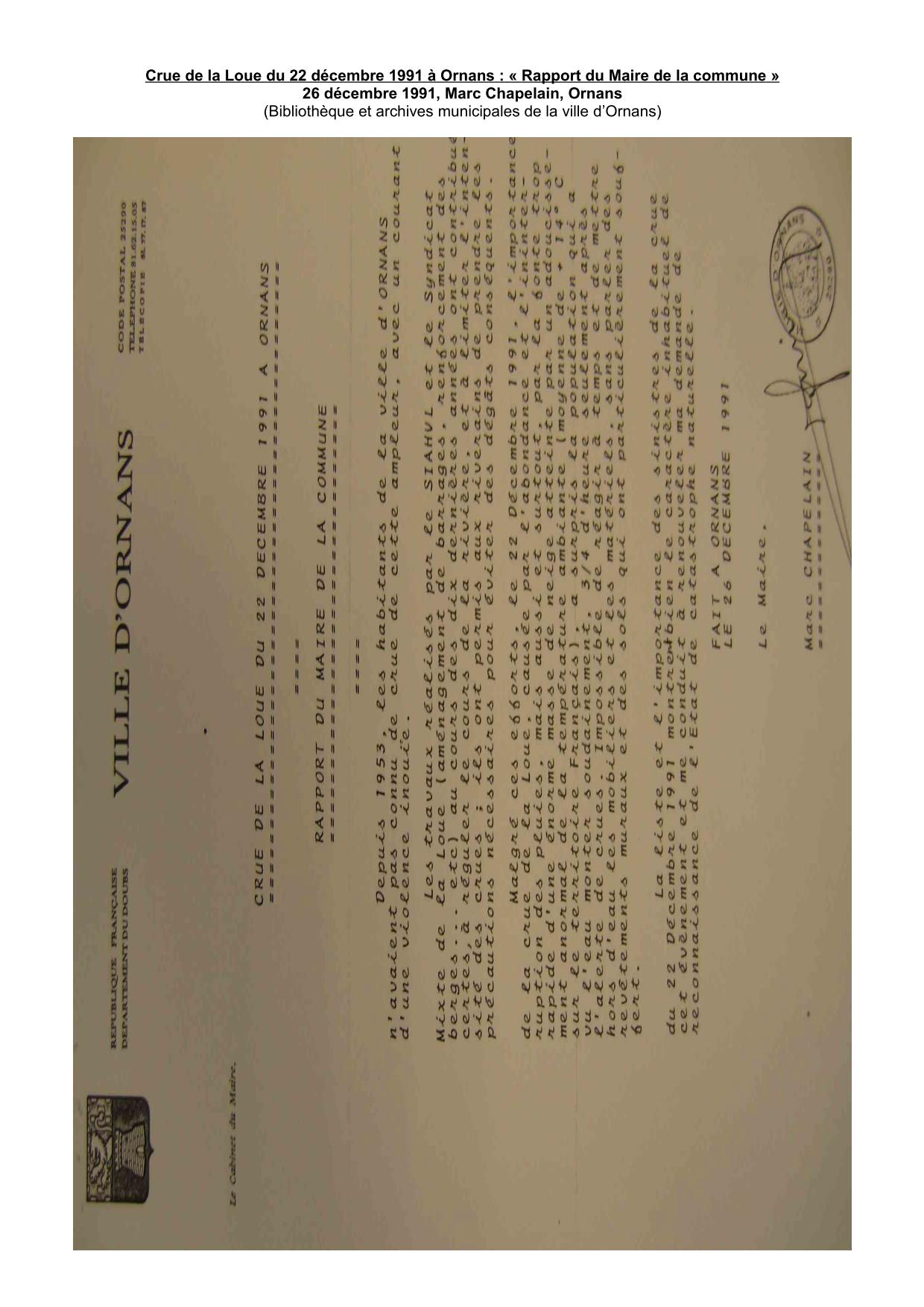 Rapport du Maire de la Commune d'Ornans, décembre 1991           