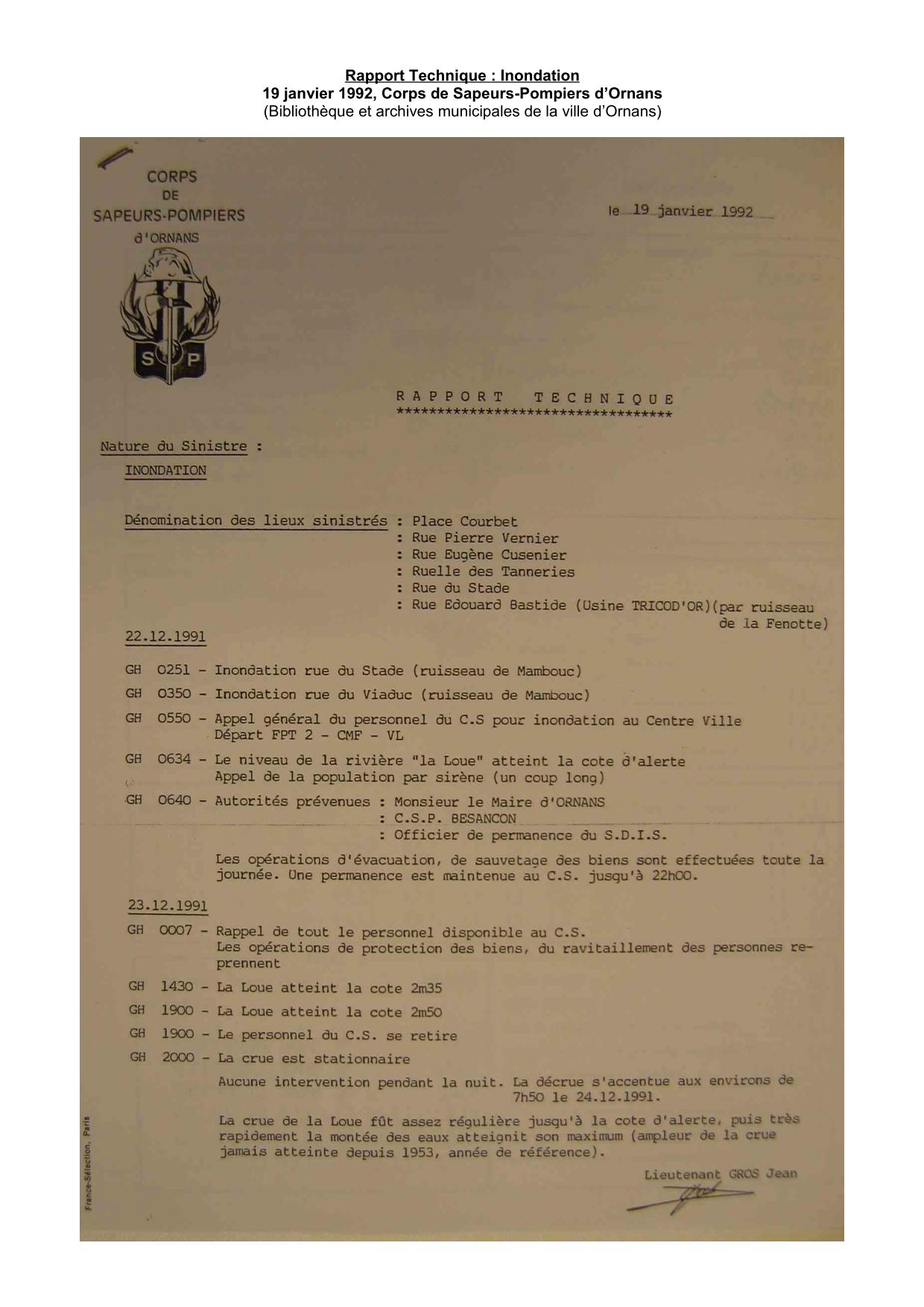 Rapport Technique des Sapeurs Pompiers d'Ornans, décembre 1991           