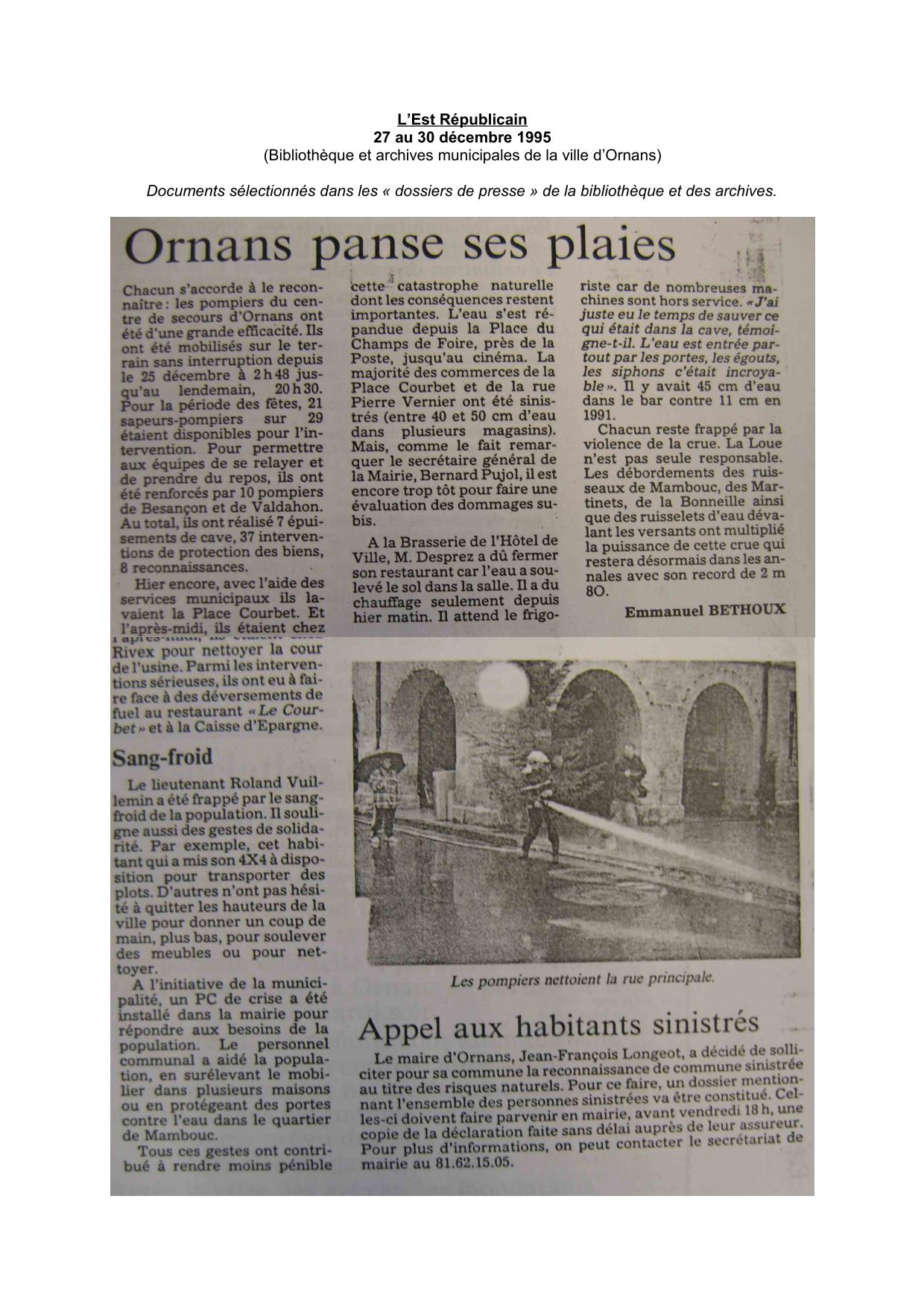 Articles de Presse (journaux ou autres périodiques), l'Est Républicain, décembre 1995 - Ornans - partie 2           