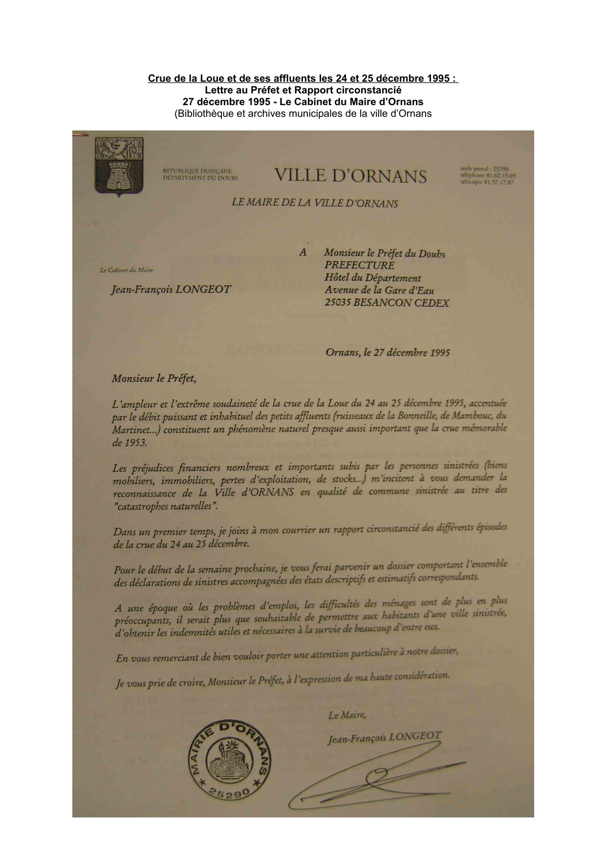 Lettre au Préfet et Rapport circonstancie, le Maire d'Ornans, décembre 1995           