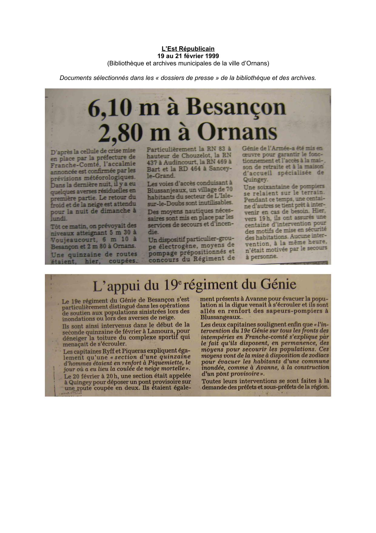 Articles de Presse (journaux ou autres périodiques), l'Est Républicain, février 1999 - département du Doubs           