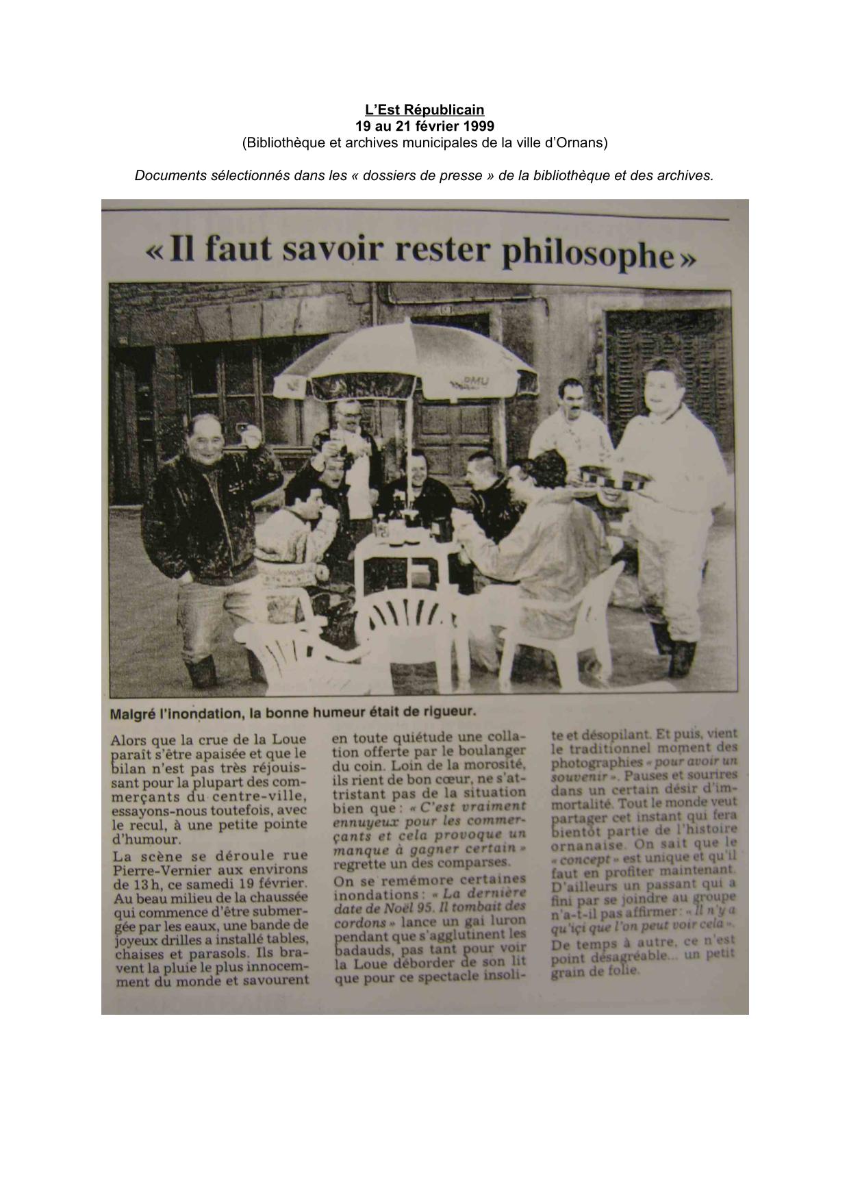 Articles de Presse (journaux ou autres périodiques), l'Est Républicain, février 1999 - Ornans - partie 1           