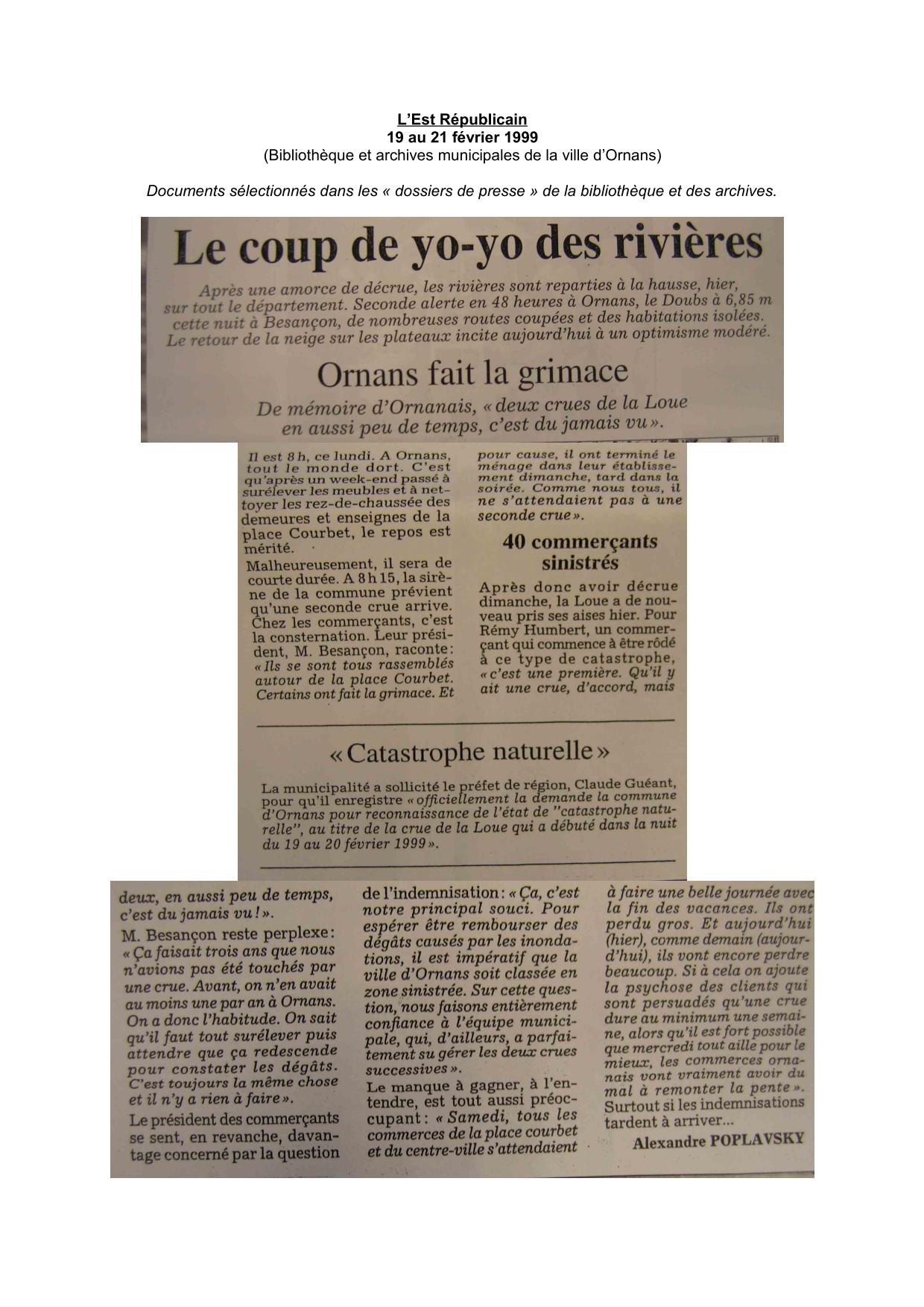 Articles de Presse (journaux ou autres périodiques), l'Est Républicain, février 1999 - Ornans - partie 2           