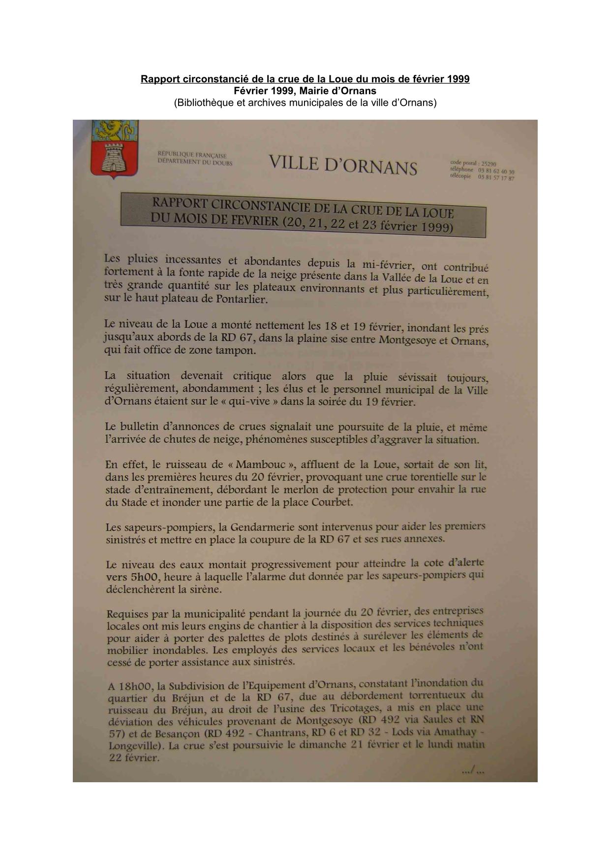 Rapport de la crue de la Loue du mois de février 1999 - Mairie d'Ornans           