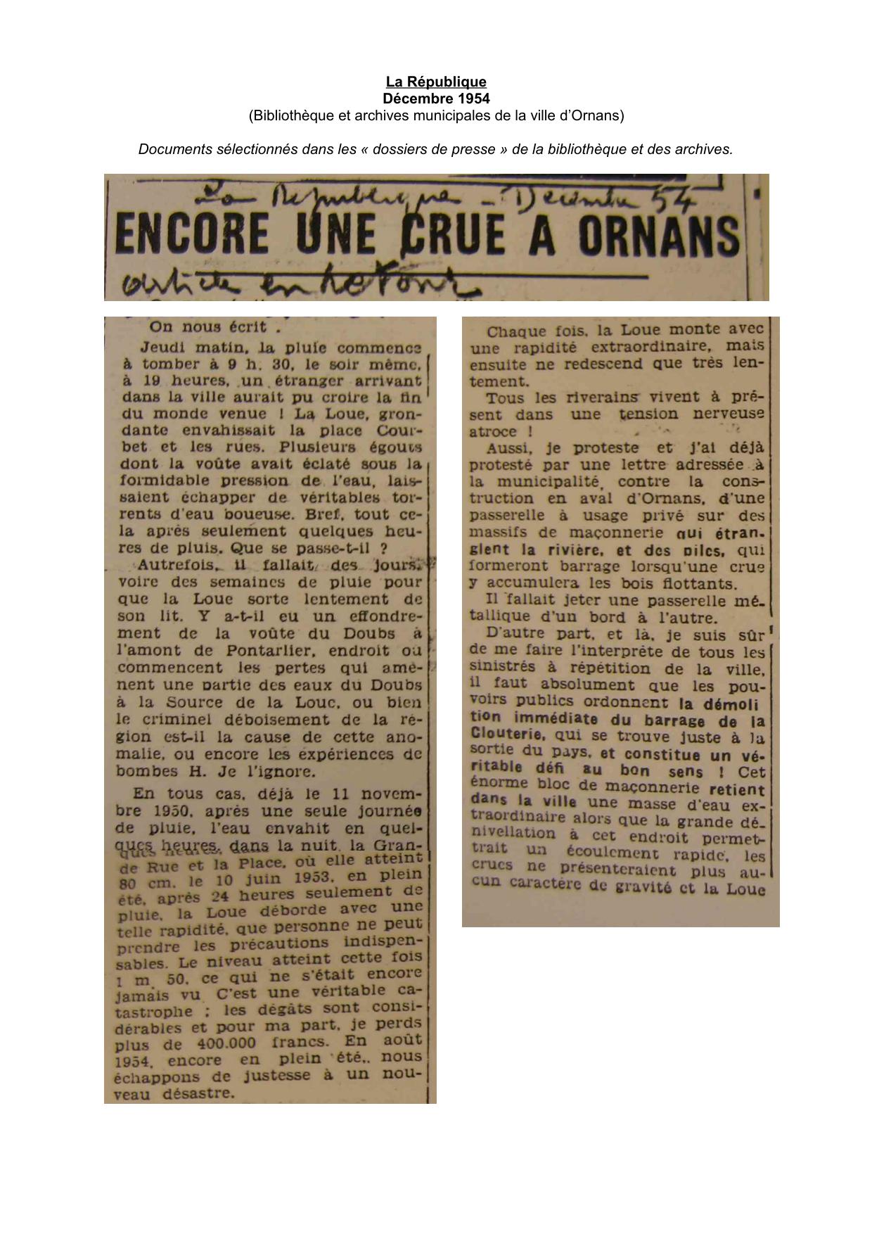 Journal - La République - 1954 - Ornans et Cléron - lettre de réclamation