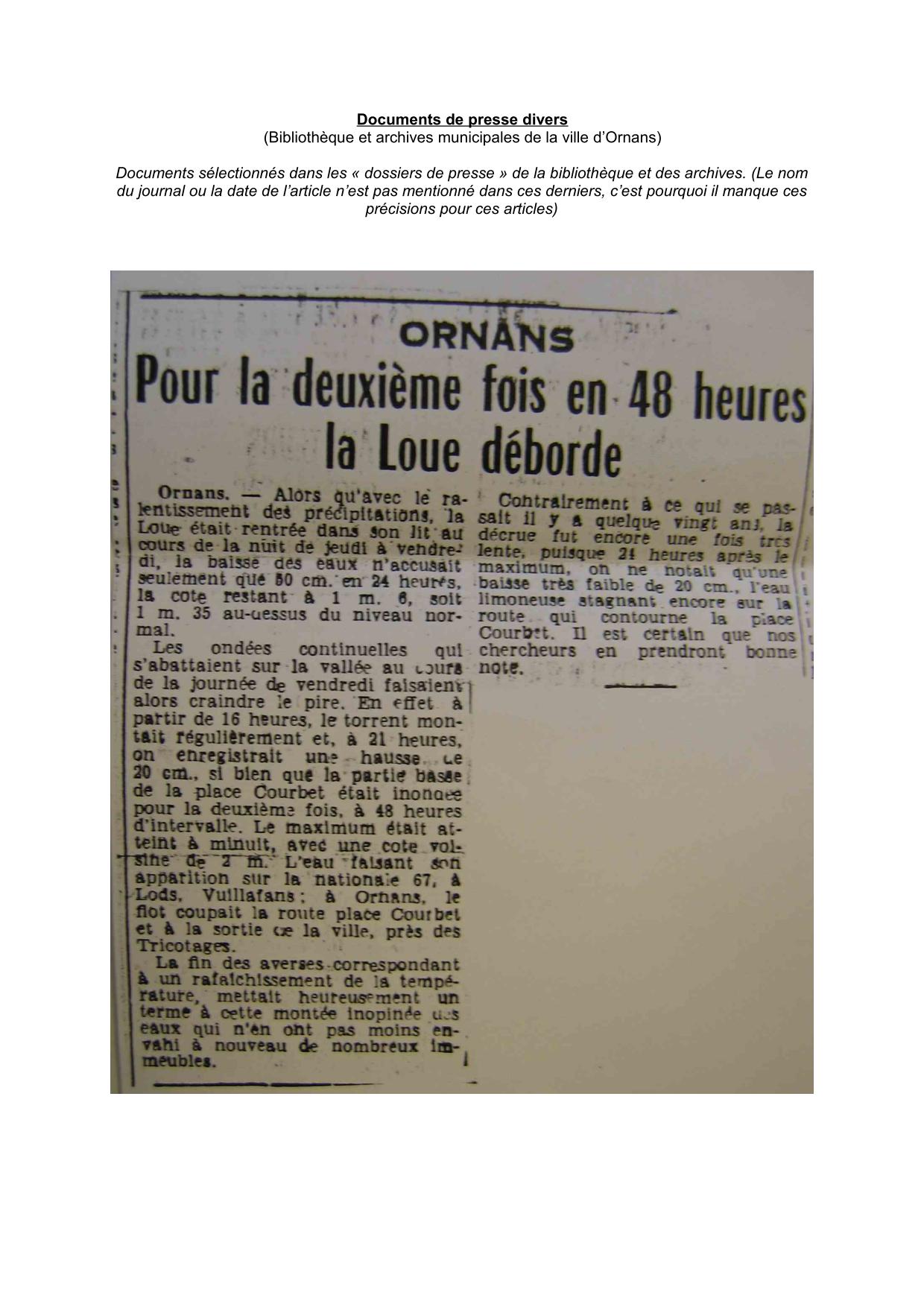 Divers articles de Presse (journaux ou autres périodiques) non datés sur les inondations de la Loue à Ornans