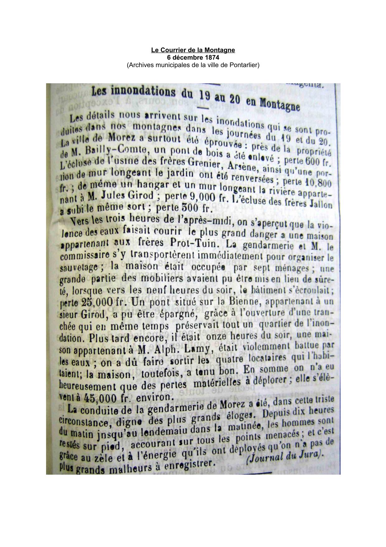 Journal - Le Courrier de la Montagne - 1874 – Morez