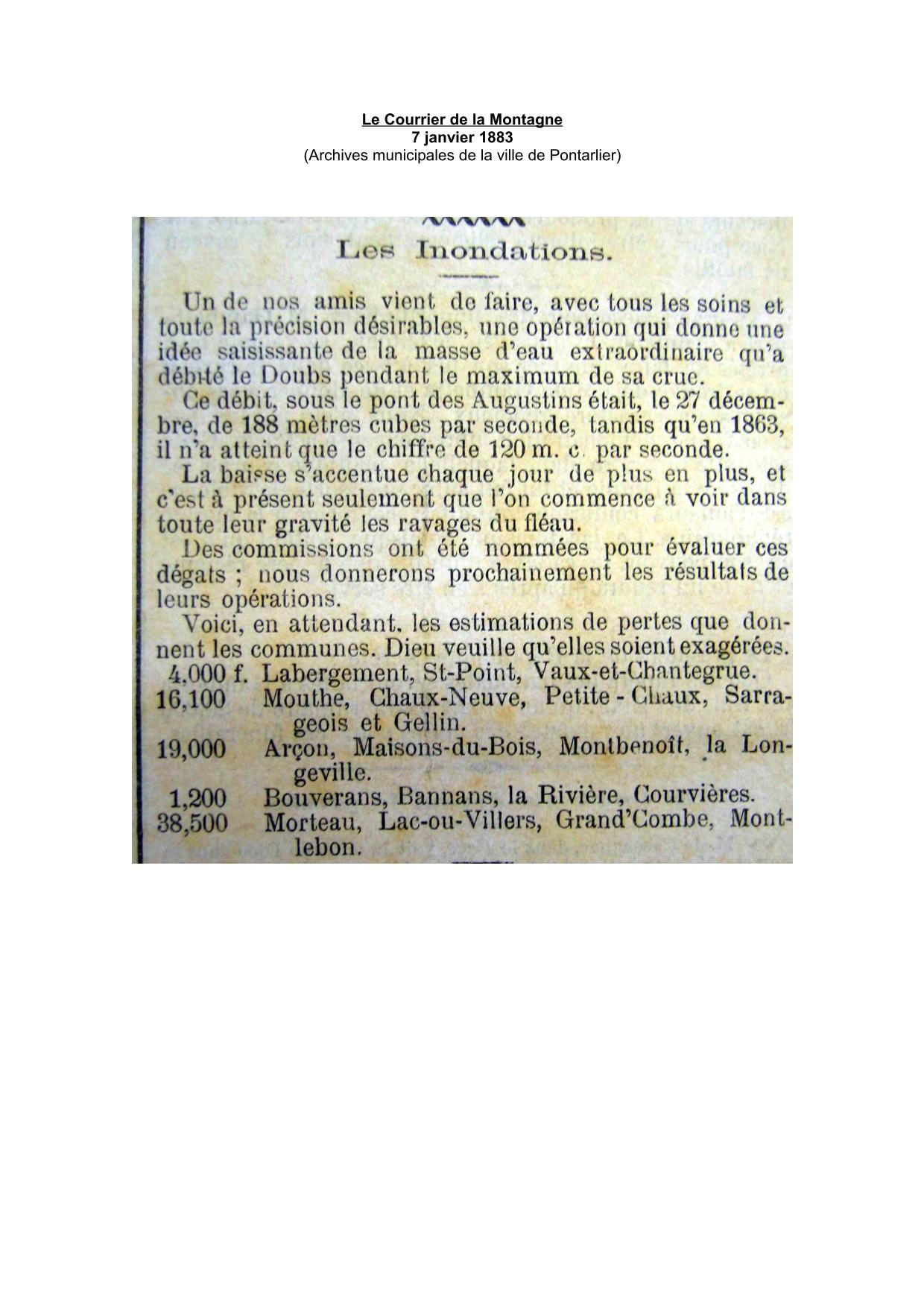 Journal - Le Courrier de la Montagne - 1883 - Estimations des pertes dans le Haut Doubs (et débit du Doubs à Pontarlier)