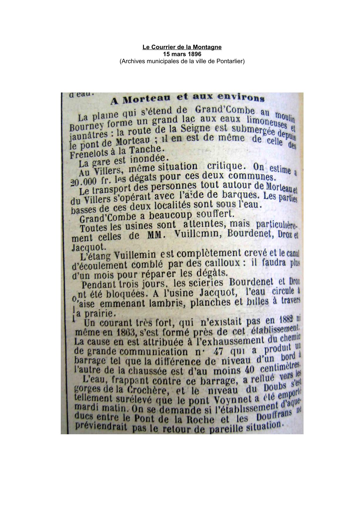 Journal - Le Courrier de la Montagne - 1896 - Morteau et environs