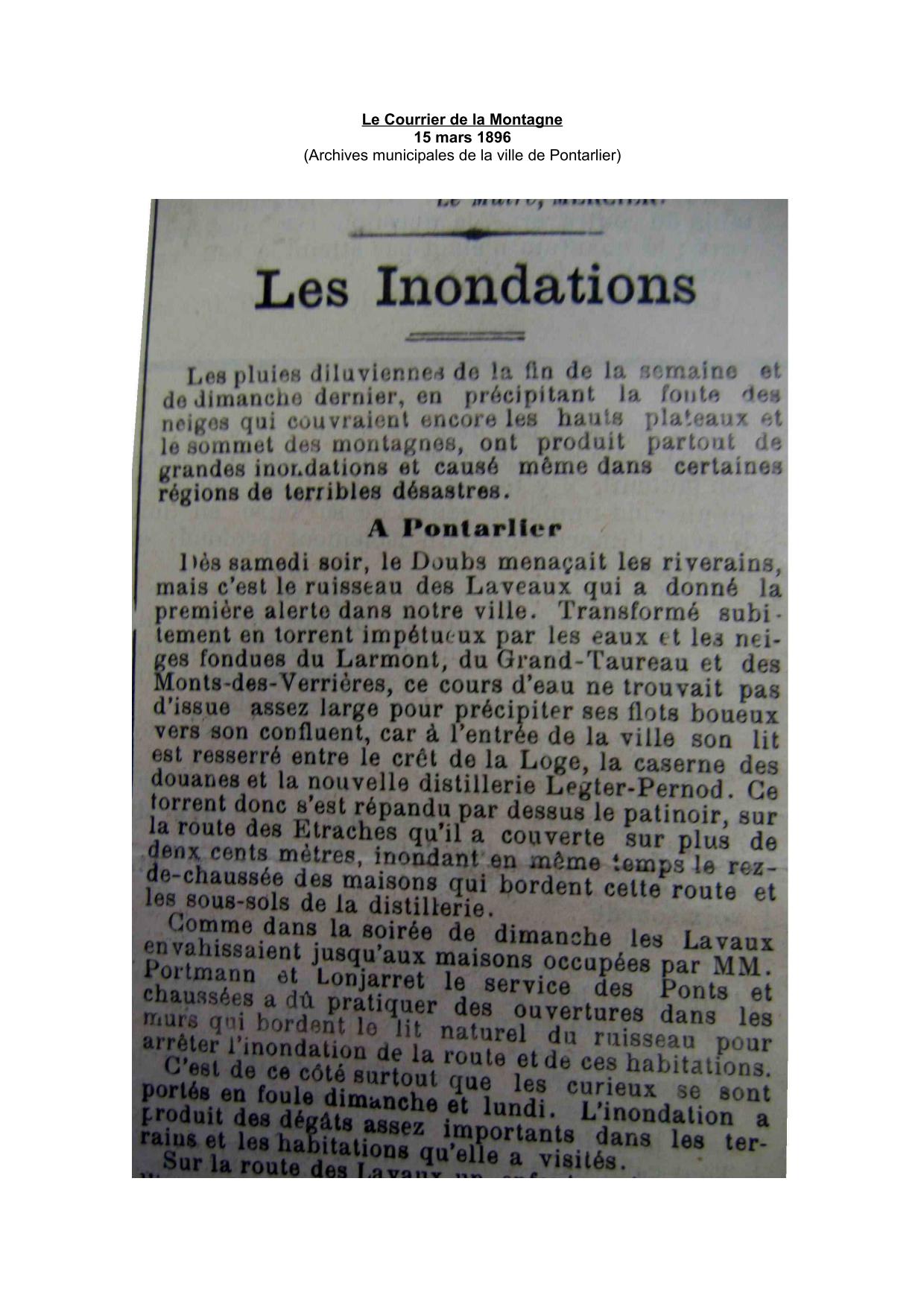 Journal - Le Courrier de la Montagne - 1896 - Pontarlier et alentours