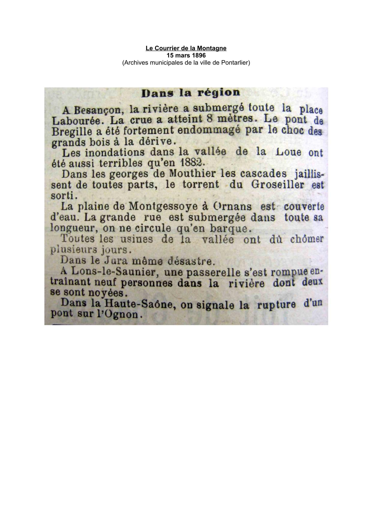 Journal - Le Courrier de la Montagne - 1896 - inondations dans la région