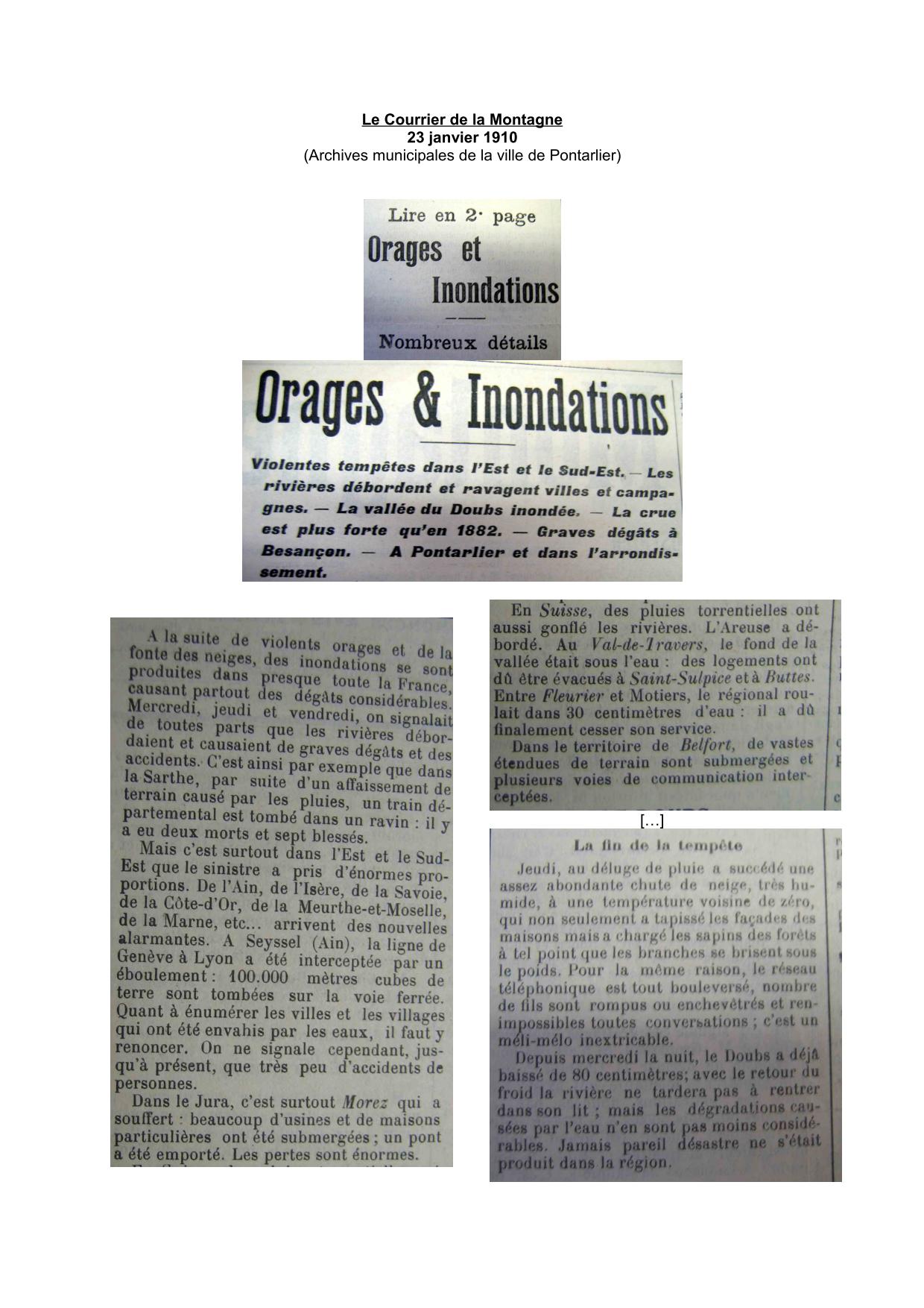 Journal - Le Courrier de la Montagne - 1910 - Inondations dans l'est de la France