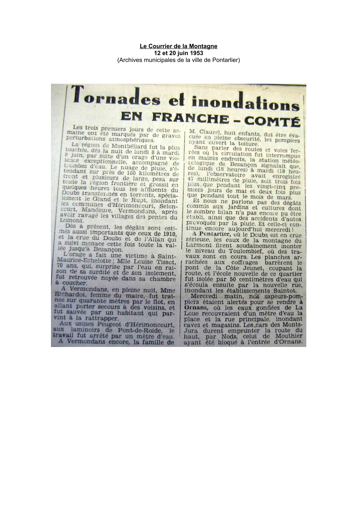 Journal - Le Courrier de la Montagne - 1953 - Inondations dans Le Doubs