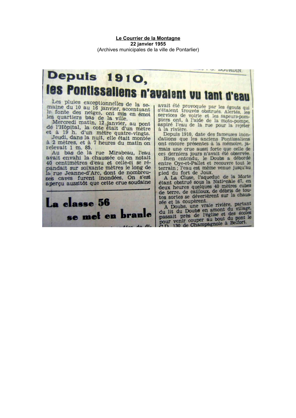 Journal - Le Courrier de la Montagne - 1955 - Pontarlier et alentours